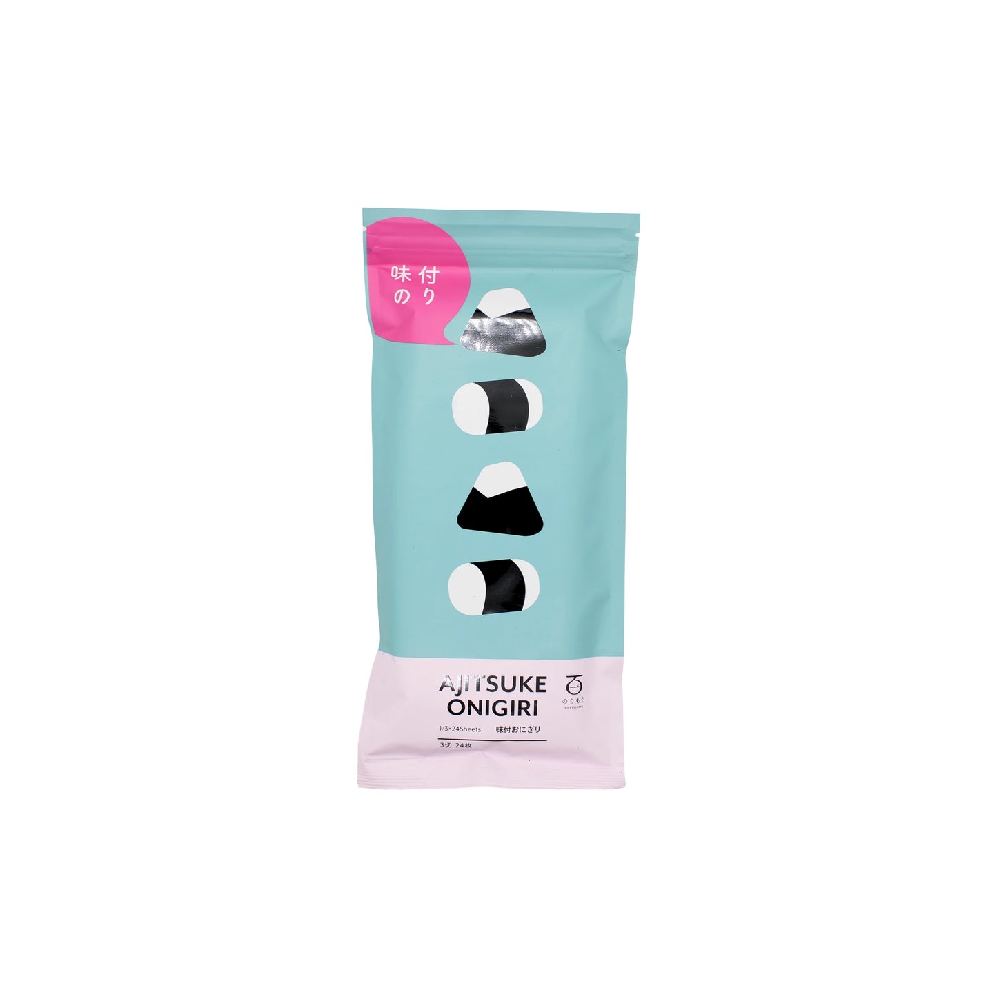 A package labeled Seasoned Onigiri - Flavoured Roasted Nori - 24 Sheets shows Japanese rice ball illustrations on the white front, with teal and pink accents.