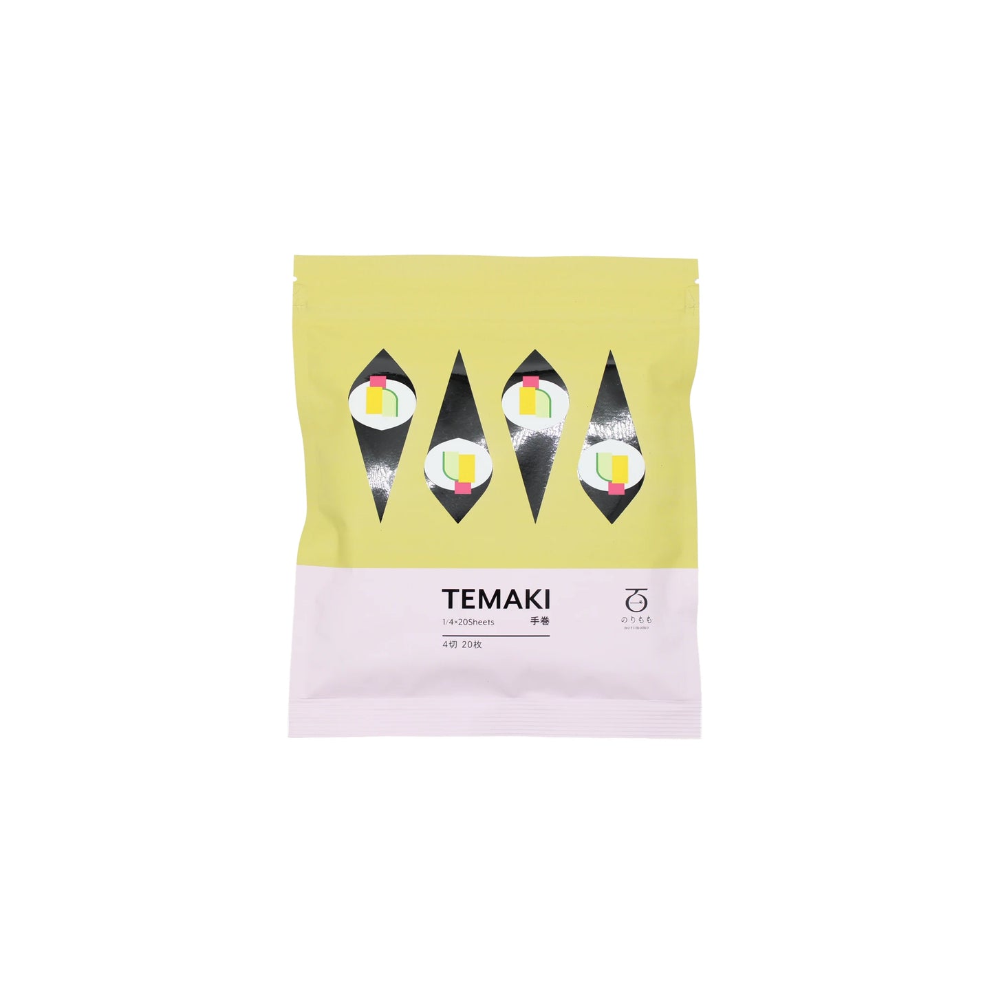 A sealed yellow and white package labeled Temaki - Hand Roll Roasted Nori - 20 Sheets, with four geometric designs and English/Japanese text—ideal for making temaki sushi or hand rolls using fresh roasted nori sheets.