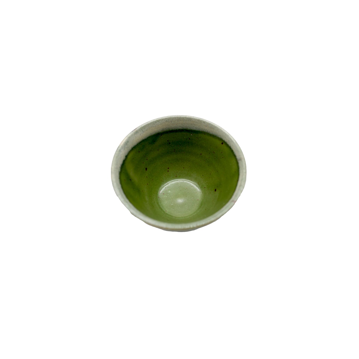 The Sencha Tea Cup - Mountain Green is a small ceramic Japanese teacup featuring a green glazed interior, shown from above on a white background—ideal for serving your favorite Sencha green tea.