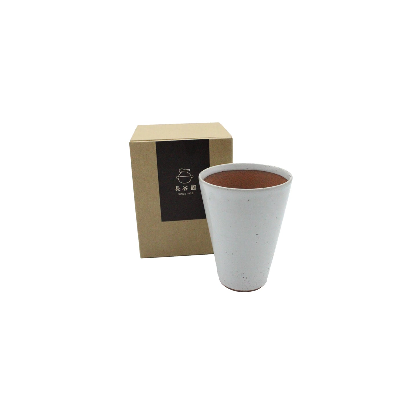 The Iga Clay Beer Mug - Large White - 250ml, featuring a white ceramic exterior and brown interior, is inspired by Nagatani-en beer mugs and comes with a brown cardboard box with a black label, displayed on a white background.