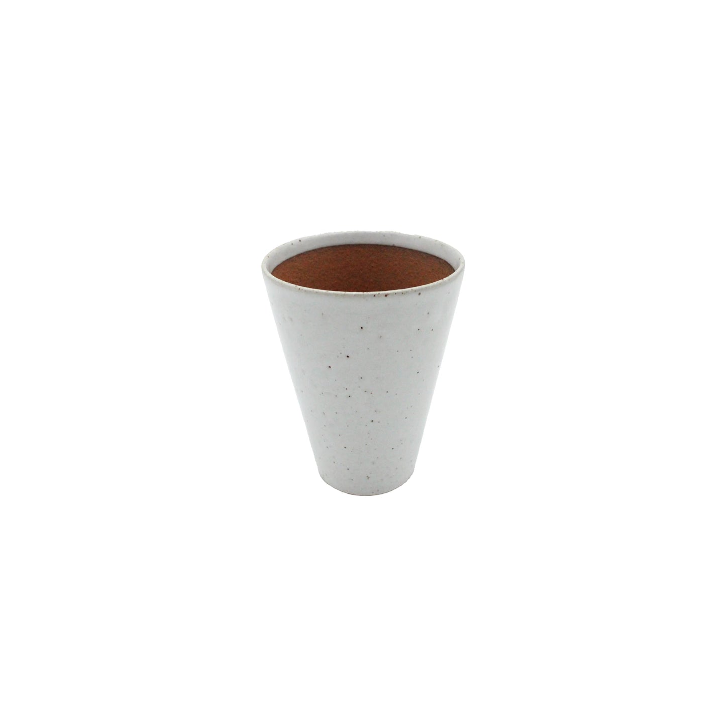 The Iga Clay Beer Mug - Large White - 250ml, a white speckled ceramic mug, is filled with a brown liquid and displayed on a plain white background.