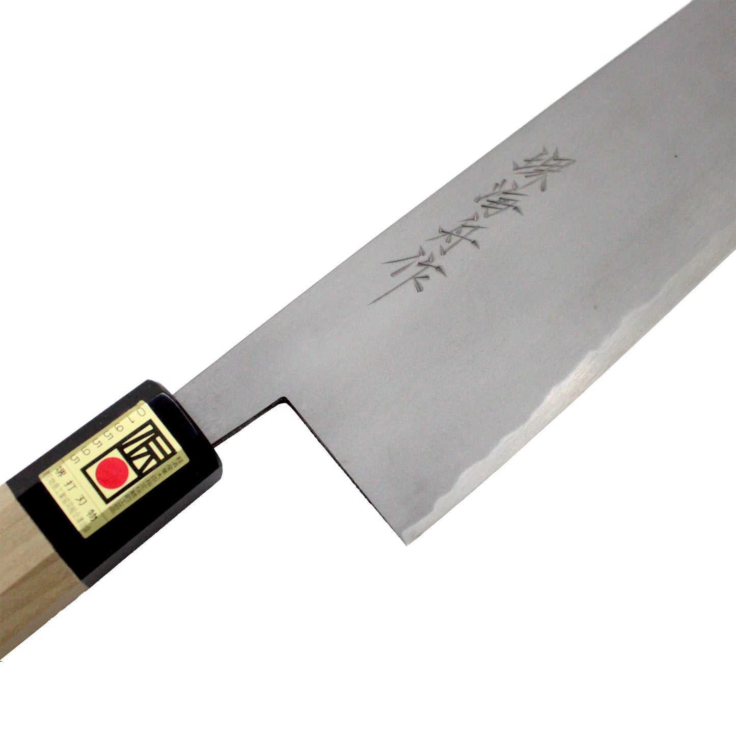 The Nakiri Knife For Vegetables Polished - 165mm features a wooden handle and kanji characters engraved on its double-bevel blade, ideal for precise vegetable cutting.