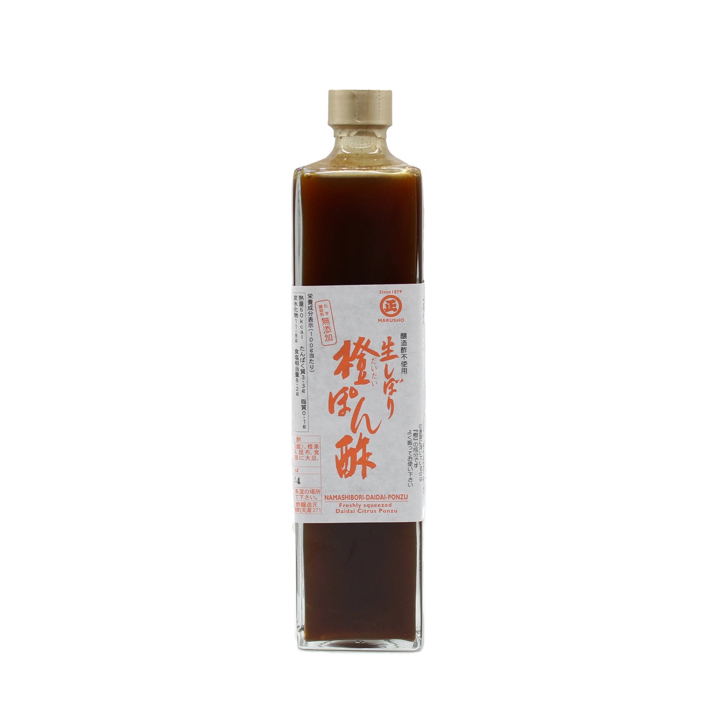 A tall, square glass bottle of Namashibori Daidai Ponzu sauce, dark brown in color with a beige cap, has a white label with Japanese text and red accents, highlighting its blend of daidai juice and Marusho vinegar.