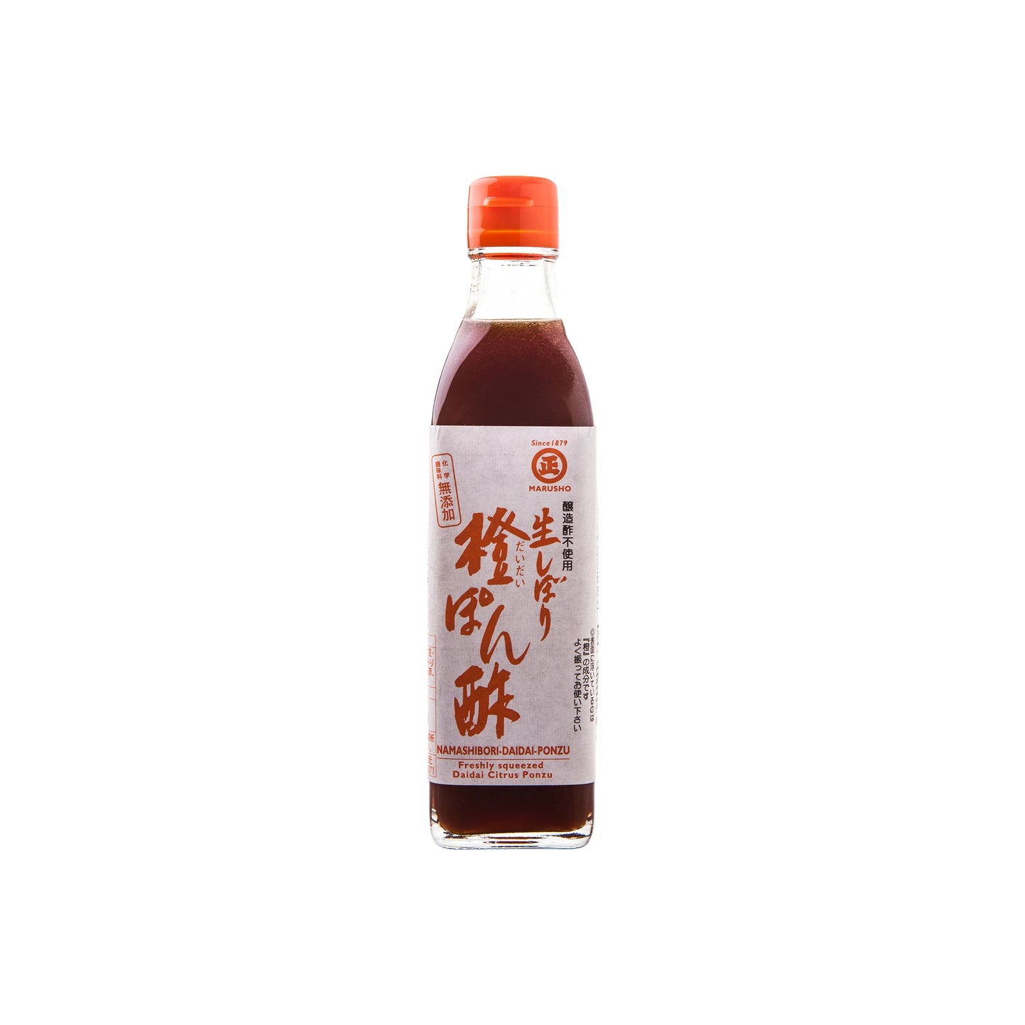 A bottle of Namashibori Daidai Ponzu, a Japanese ponzu dipping sauce with a red cap, clear glass, and white label featuring Japanese text and some English near the bottom. Made with Marusho vinegar for authentic flavor.