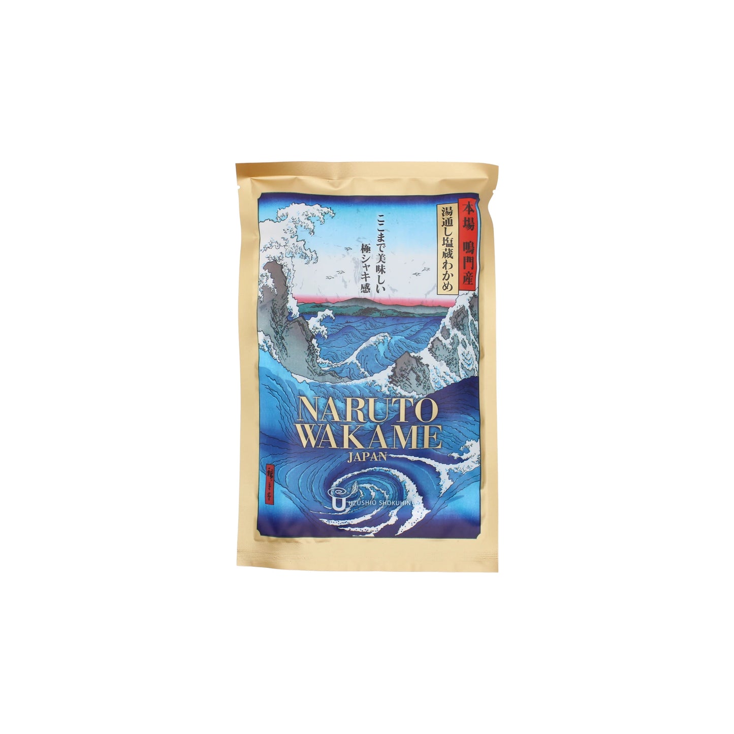 A beige package labeled Naruto Wakame - 100g features an illustration of ocean waves and Japanese text, emphasizing premium Japanese seaweed on the front.