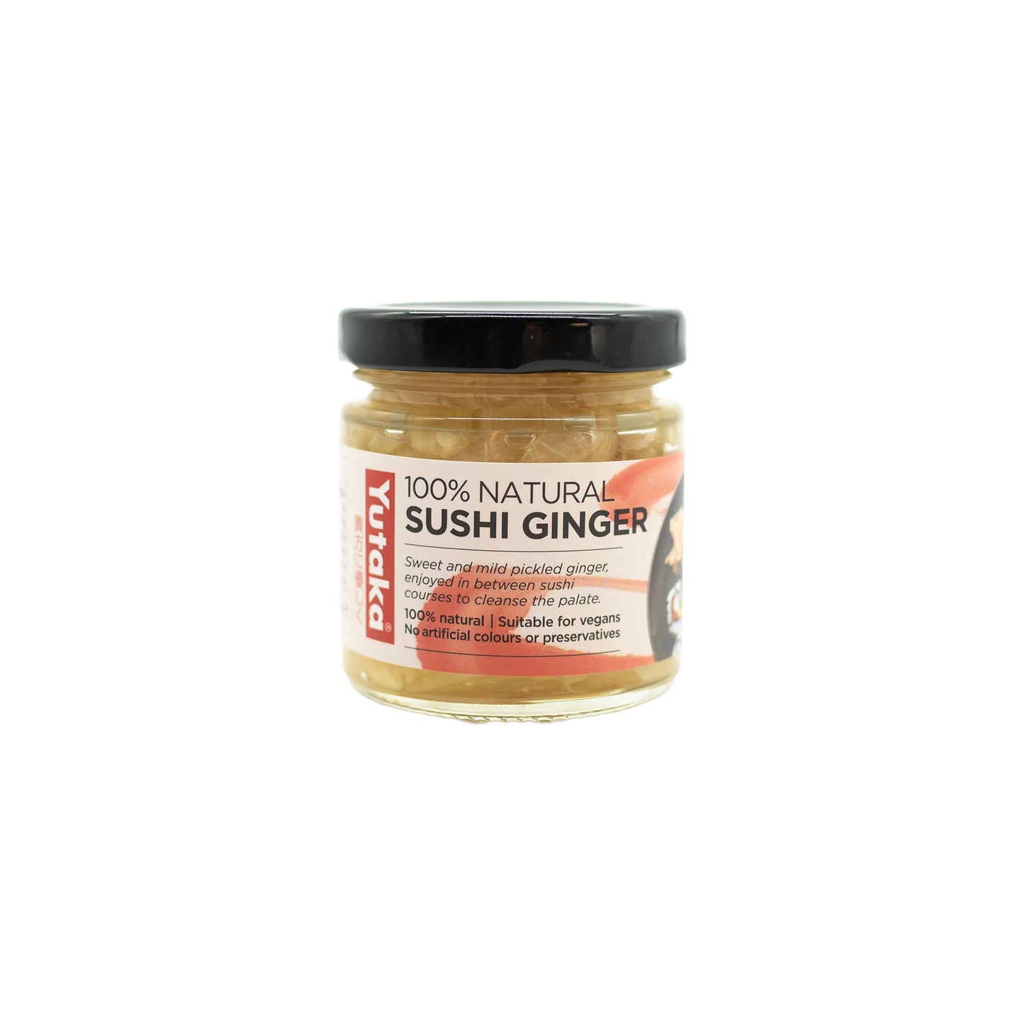 A 120g glass jar of Natural Sushi Ginger with a black lid and vegan label—ideal as a palate cleanser or sushi side, made without artificial colors or preservatives.