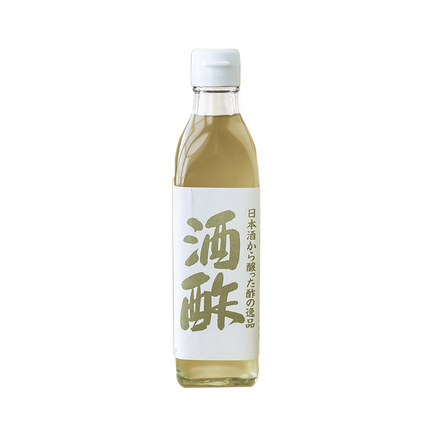 A clear glass bottle of Nigori Namazake Sakazu, Sake Vinegar, filled with light yellow liquid and labeled in Japanese with Marusho Vinegar branding, stands upright on a white background.