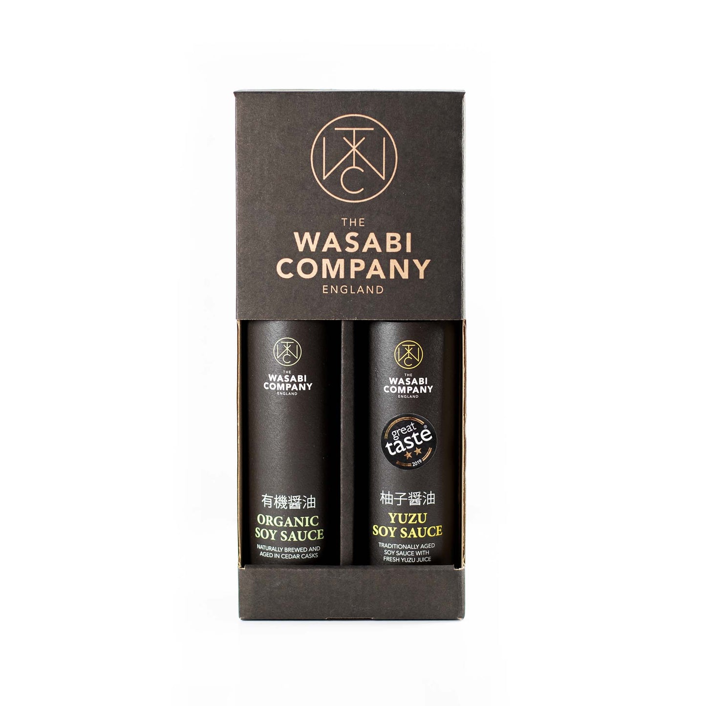 The Organic Soy Sauce and Yuzu Soy Sauce Twin Pack comes in a sleek black box marked The Wasabi Company England—perfect for fans of Wasabi Label soy sauces.