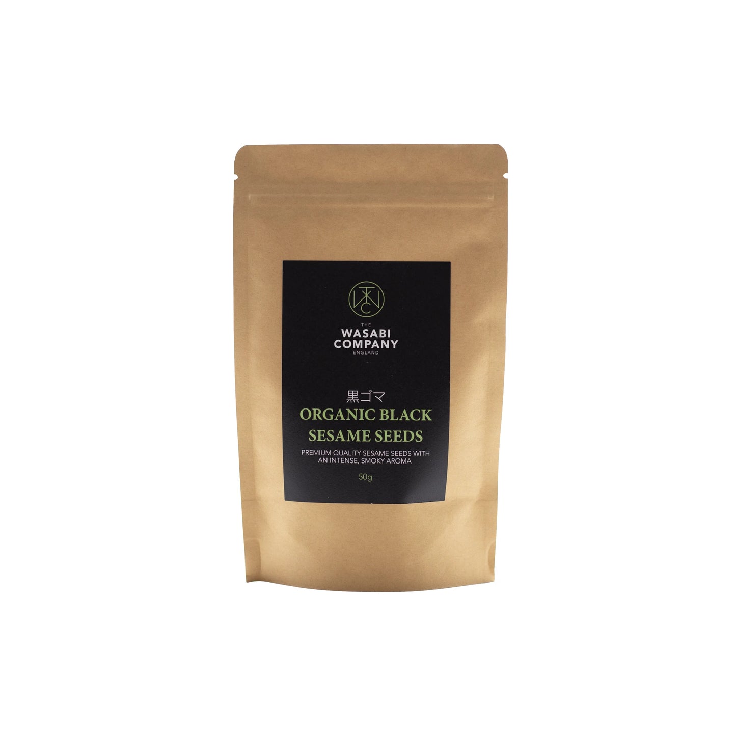 A brown resealable pouch labeled Wasabi Label Organic Black Sesame Seeds - 50g, featuring Wadaman sesame from Osaka and a black and green logo on the front.