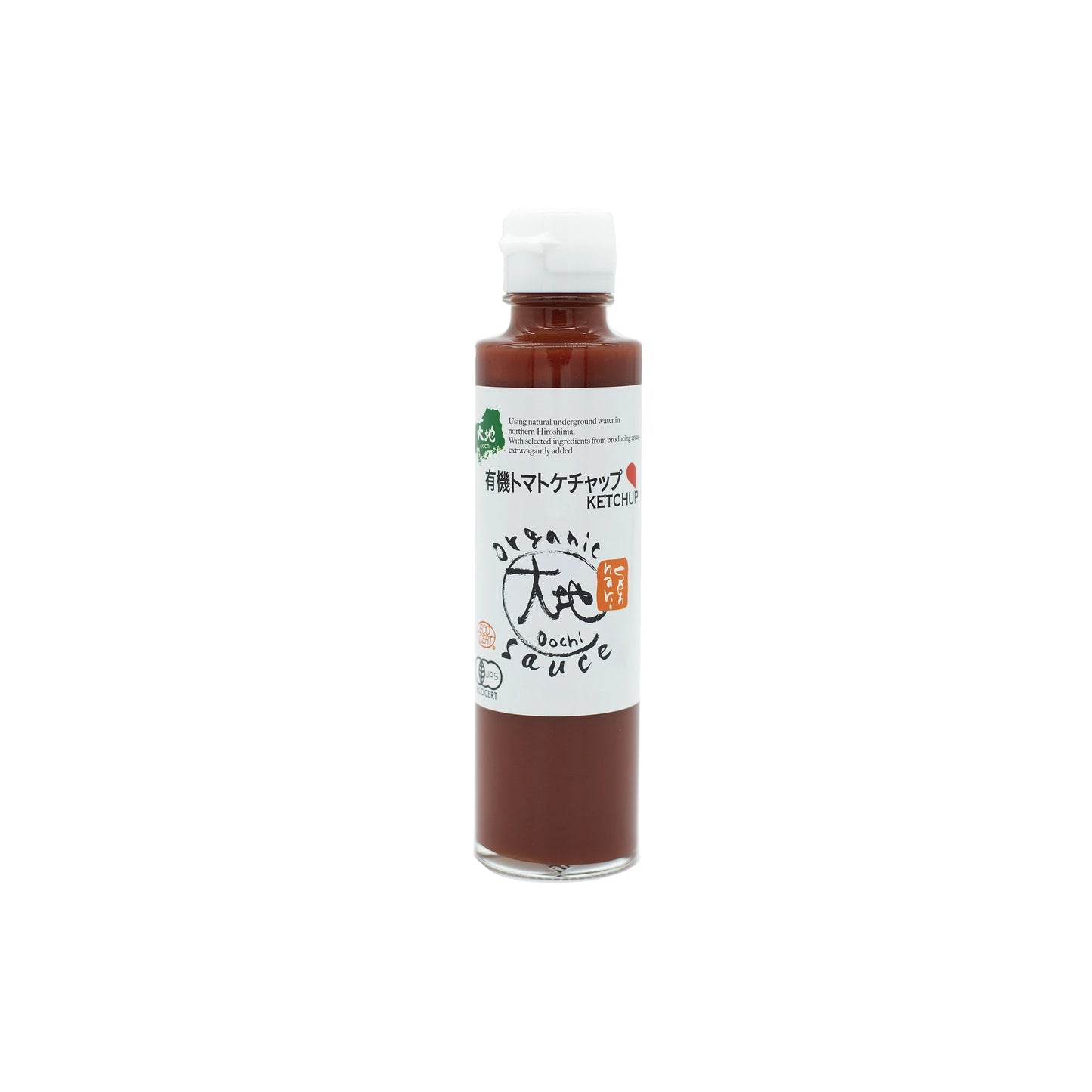 A clear 150ml bottle of Organic Japanese Tomato Ketchup, featuring Japanese and English text on a white label, made with organic ingredients for a rich, thick flavor.