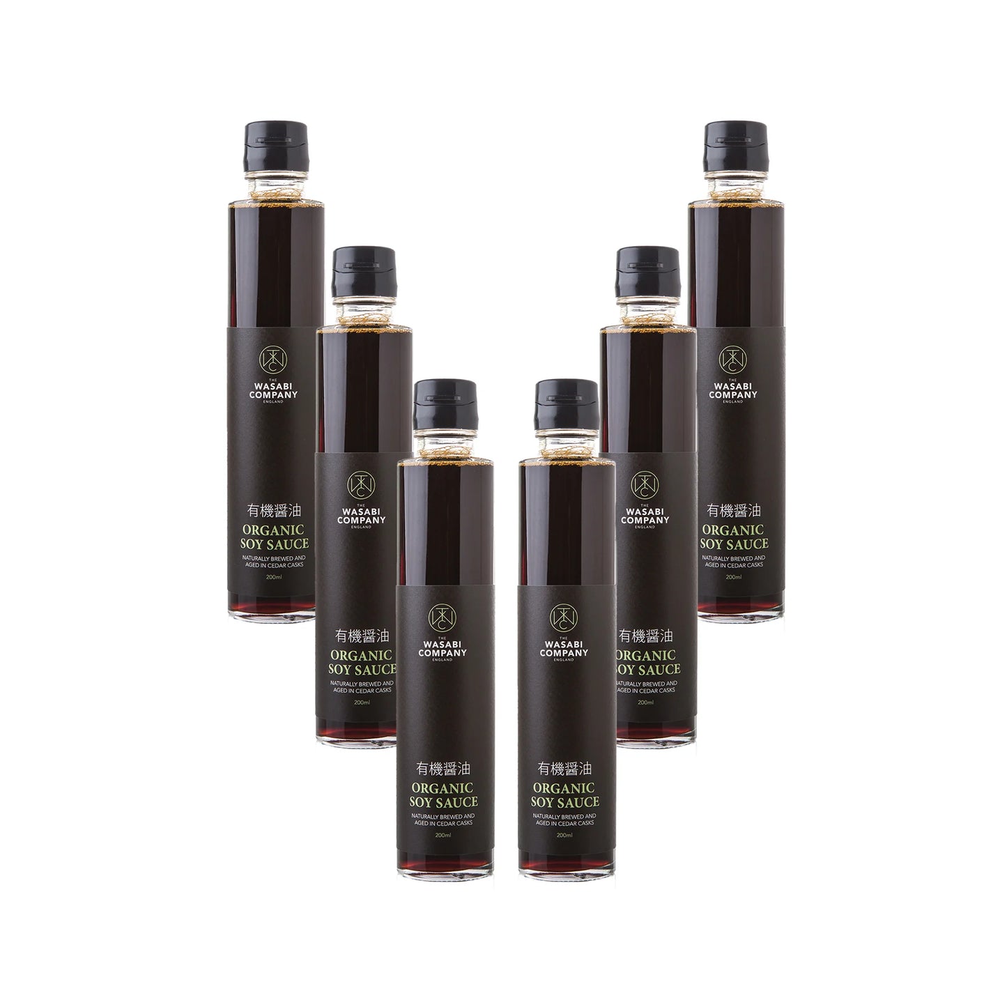 Six 200ml bottles of Organic Soy Sauce with black labels are arranged in a V shape against a white background, ideal for enhancing your favorite marinades.