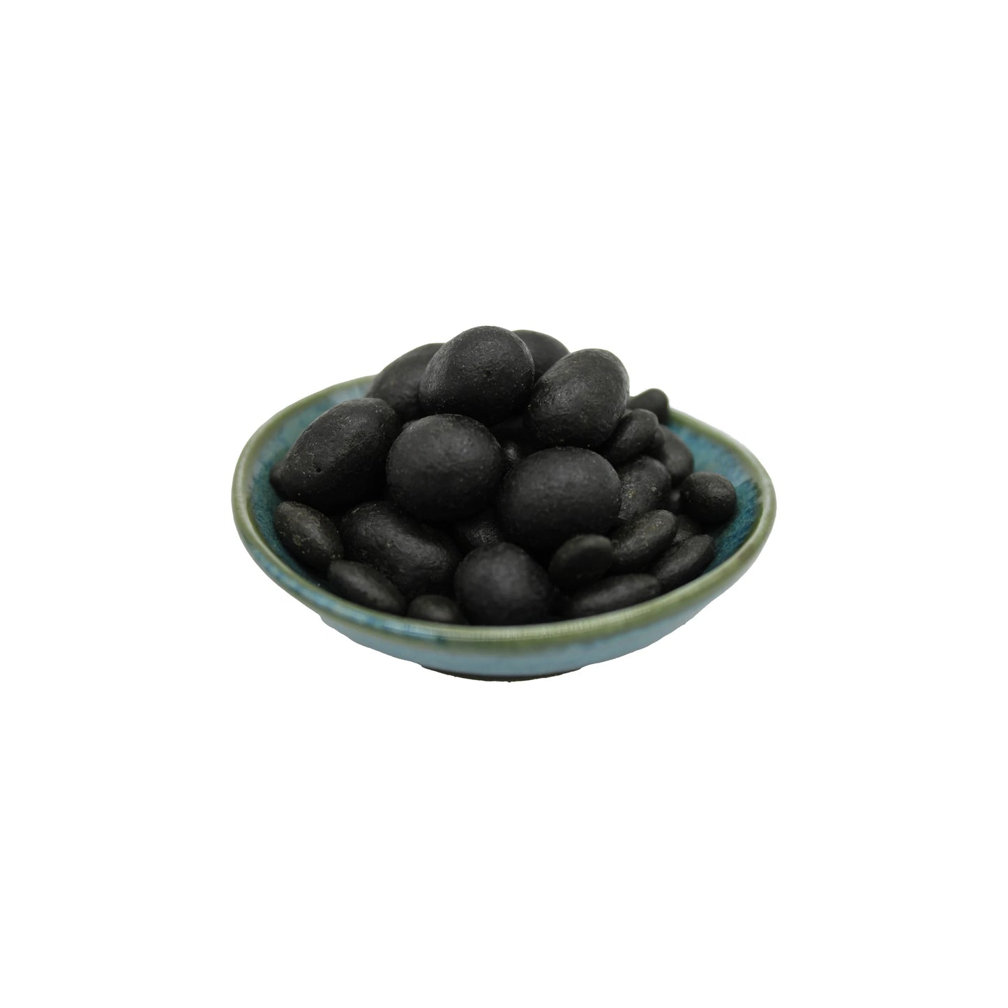 A small blue-green dish holds round, black, charcoal-coated Peanut Snack with Charcoal - 80g, a Japanese treat known for its unique look and savory taste. Presented on a clean white background.