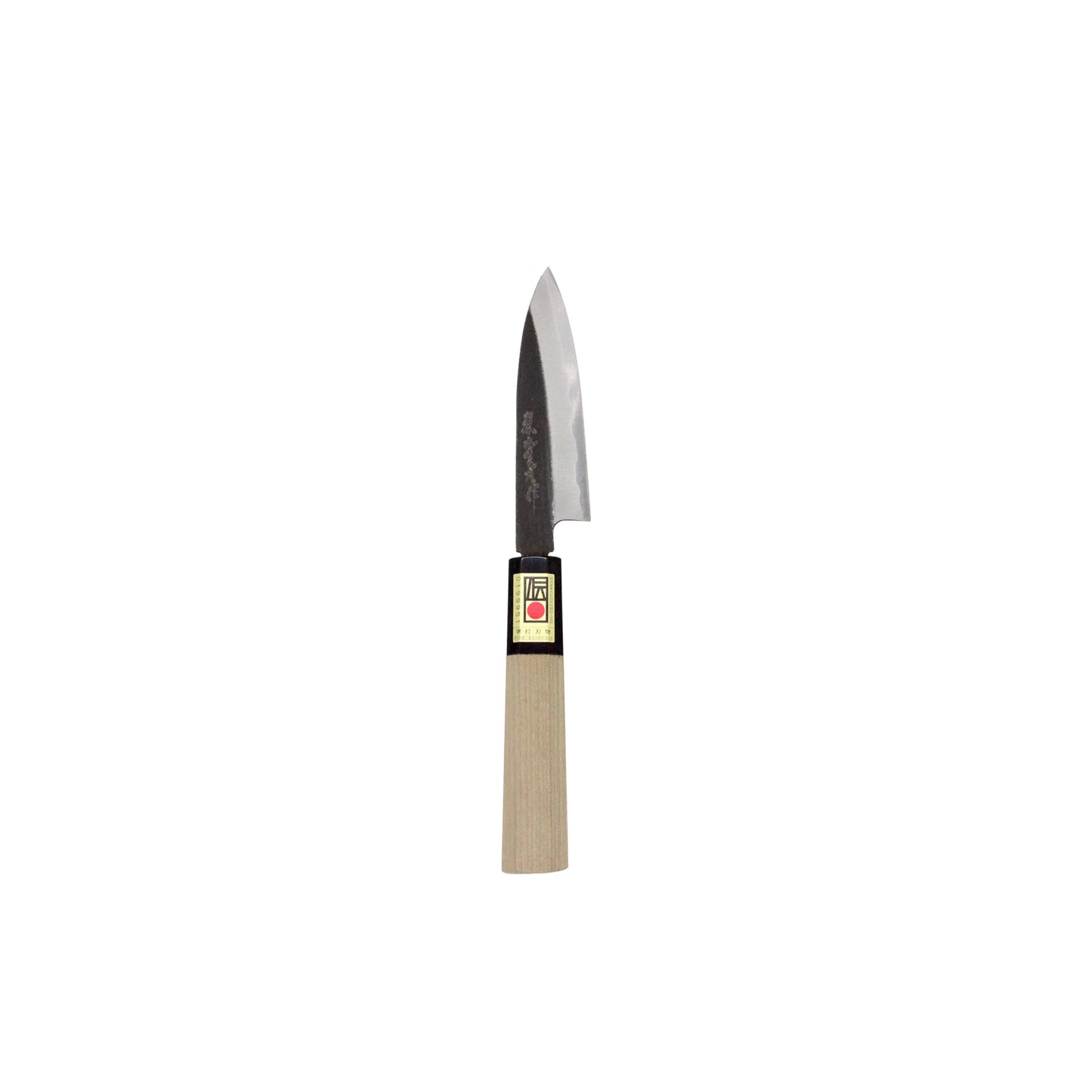 The Petty Paring Knife Double Bevel Black Forged - 105mm features a wooden handle and a short, pointed double-bevel blade, shown against a white background.