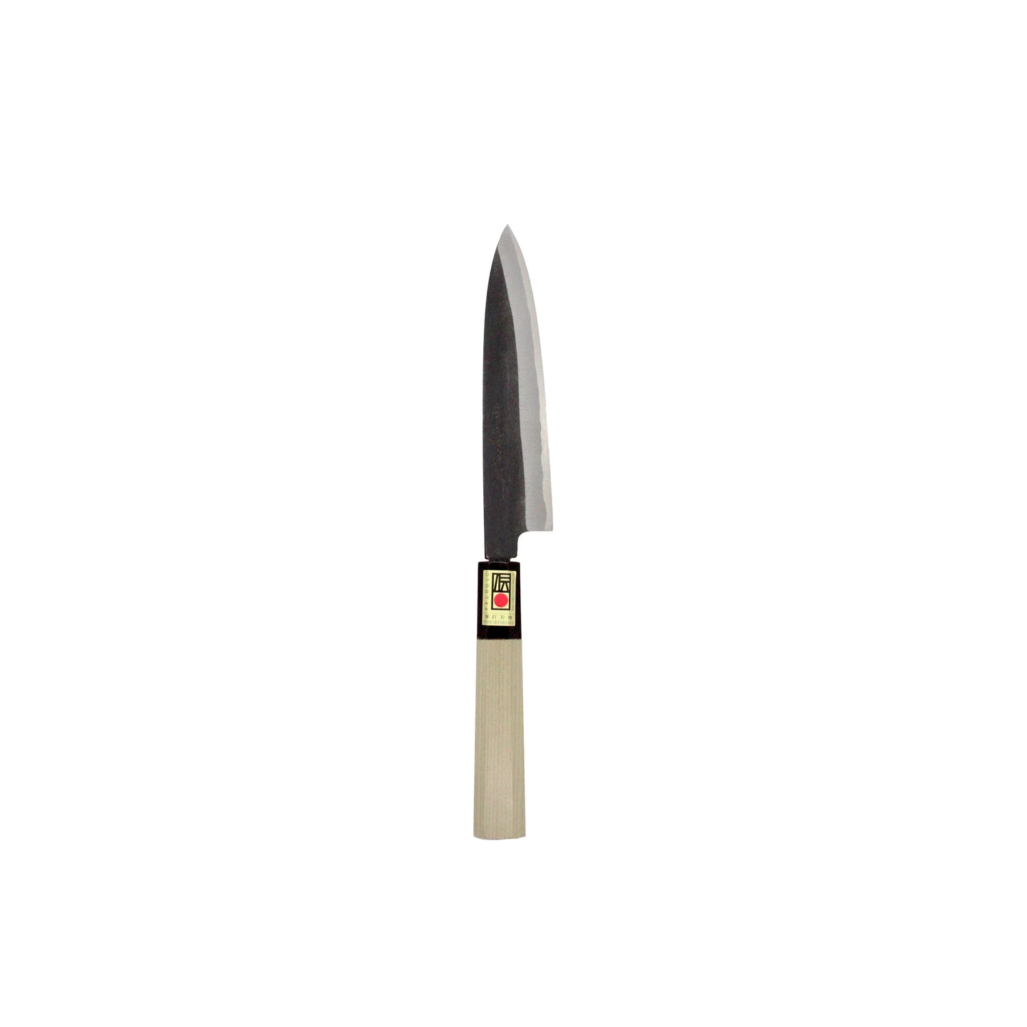 The Petty Paring Knife Double Bevel Black Forged - 150mm stands vertically on a plain white background, showcasing its dark forged steel blade and light wooden handle.