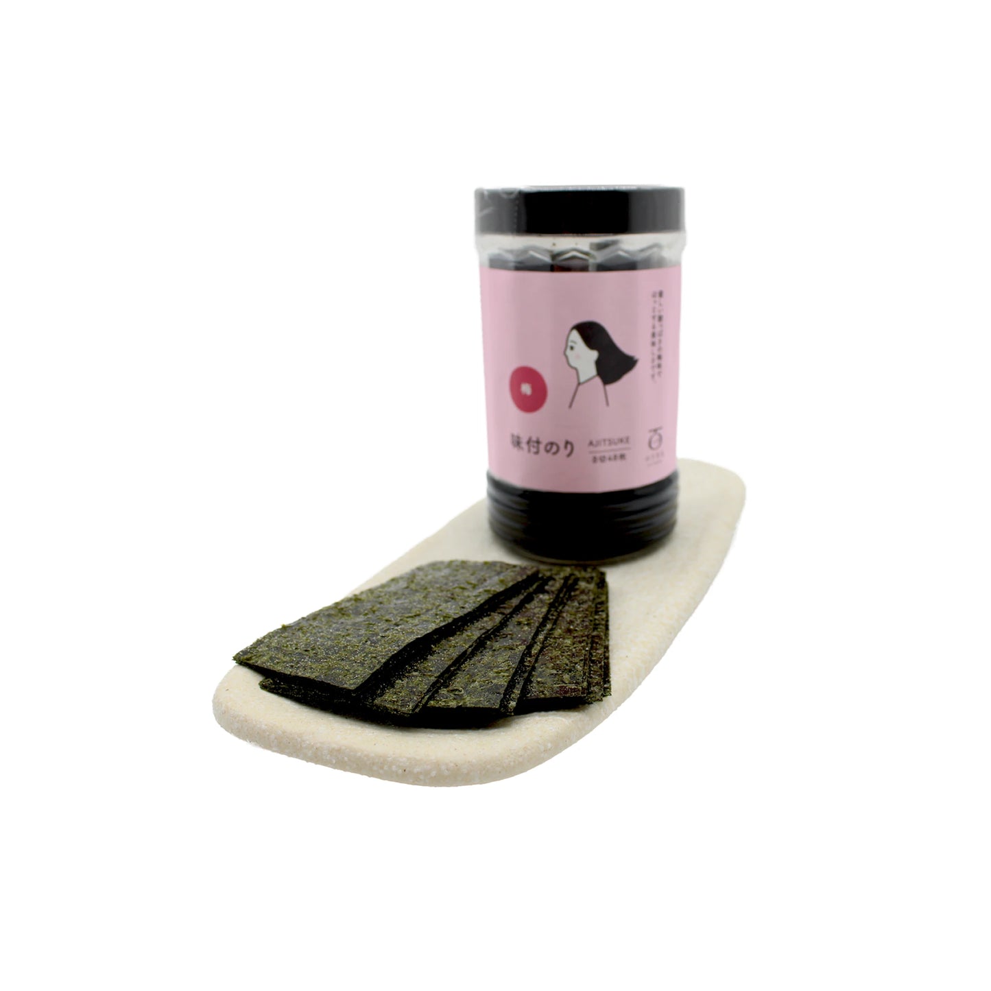 A container of Plum Flavoured Nori Snacks with a pink label stands behind crispy rectangular seaweed sheets on a white plate—an ideal healthy snack option.