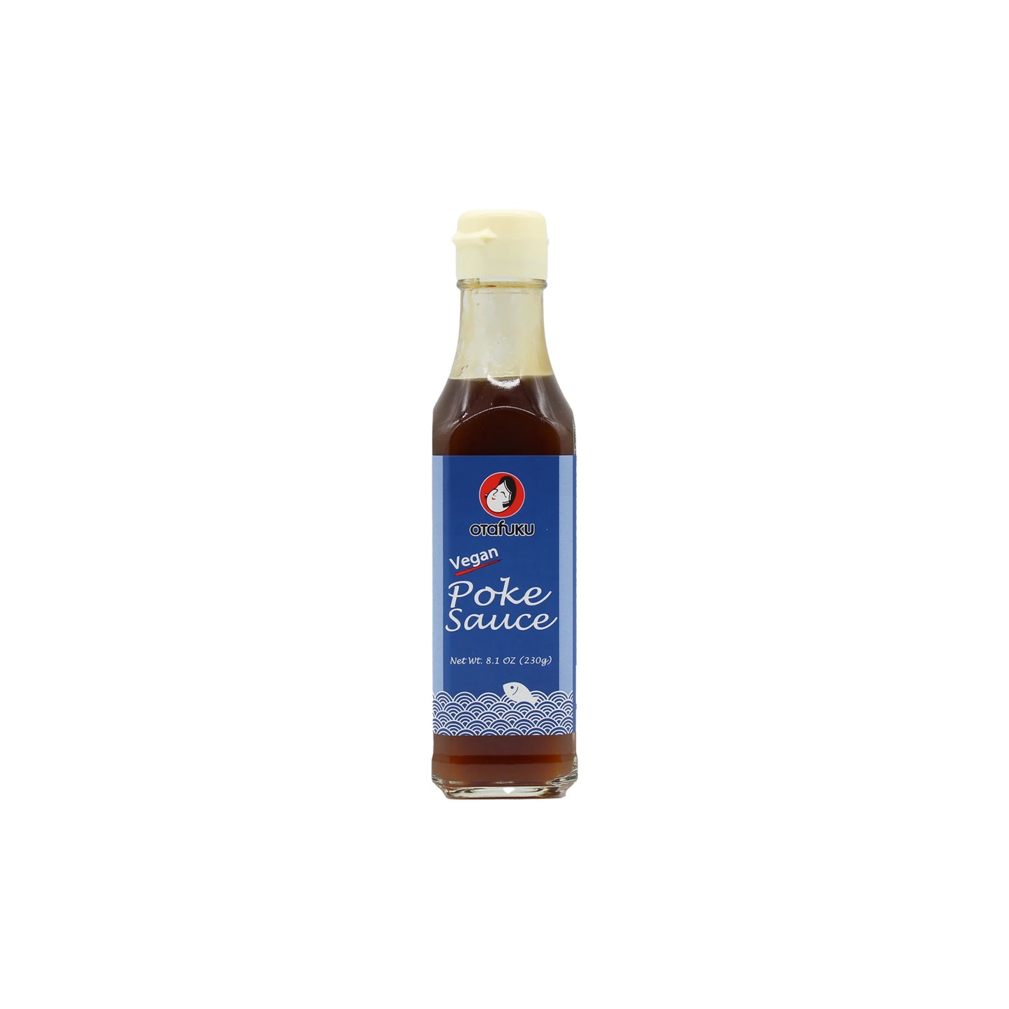 A glass bottle of Poke Vegan Sauce On Offer with a blue label and white cap, 8.1 fl oz (239g), on a plain white background—ideal for adding rich umami flavor to your favorite plant-based meals.