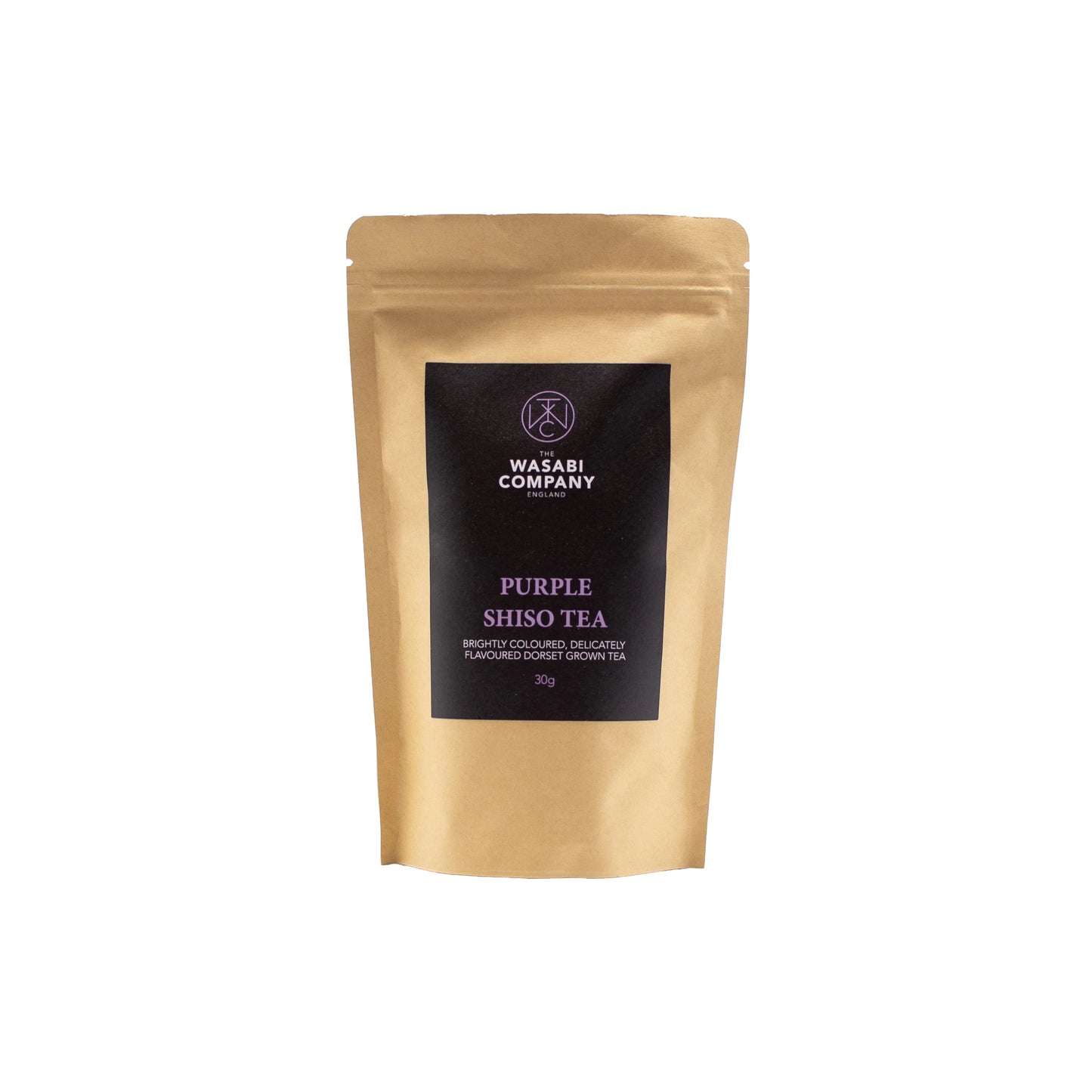 A brown resealable pouch labeled Purple Shiso Tea - 30g contains brightly colored, delicately flavored tea renowned for its calming effect.