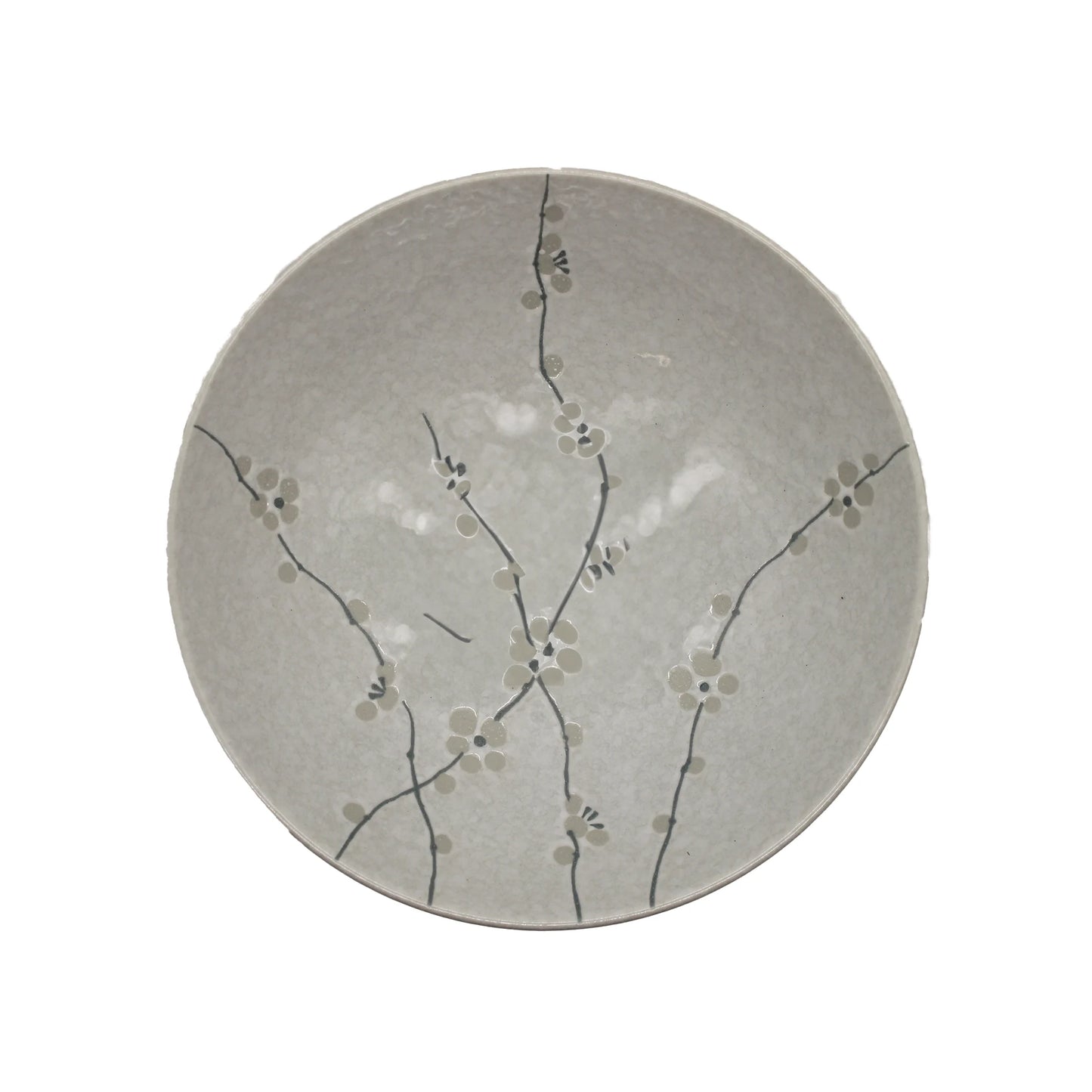 The Ramen Bowl - White Cherry Blossom is a round, light gray Minoyaki porcelain bowl featuring a simple dark branch and cherry blossom pattern inside, highlighting Japanese craftsmanship when viewed from above.