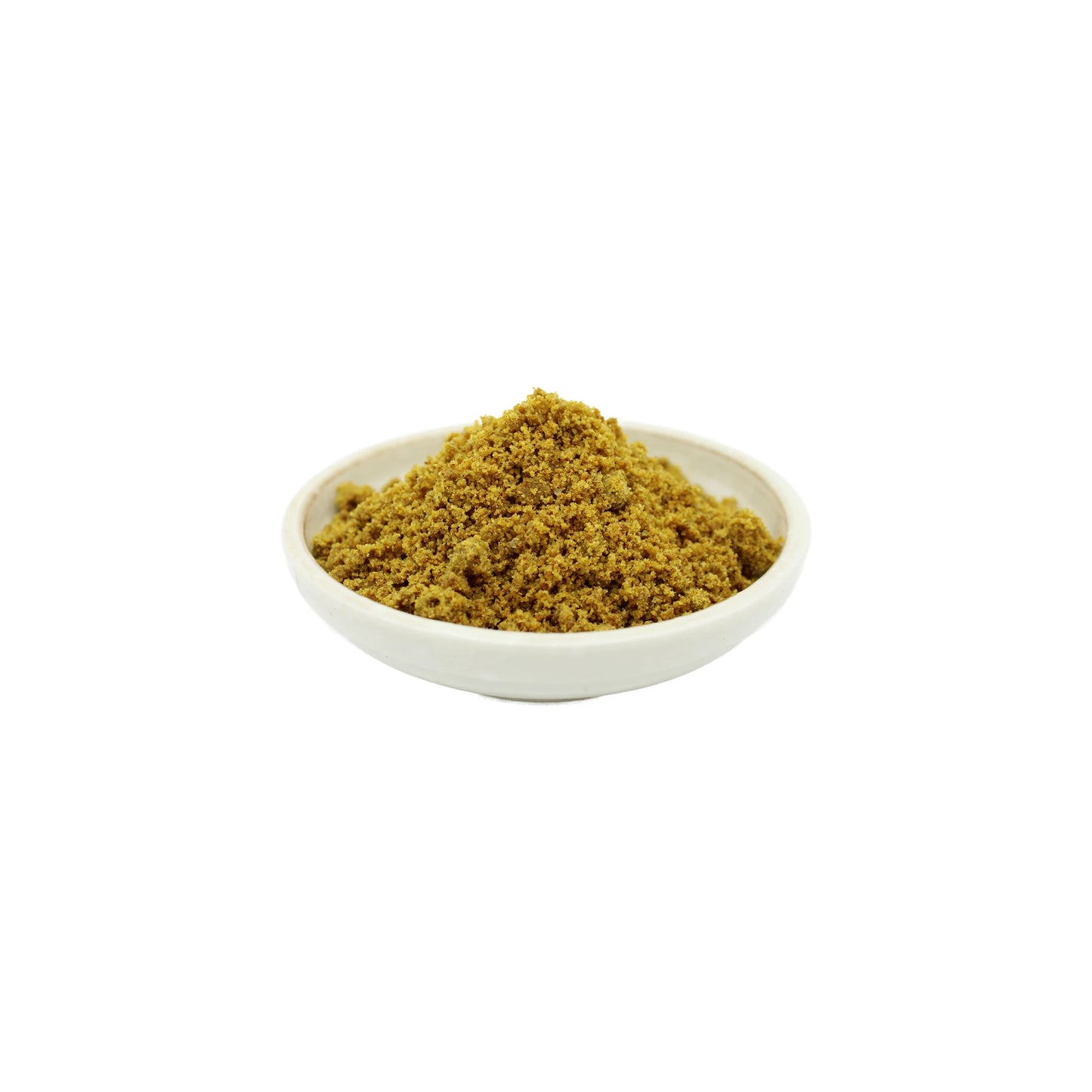 A small white bowl filled with Japanese Red Curry Powder - 150g, known for its umami-rich flavor, isolated on a white background.