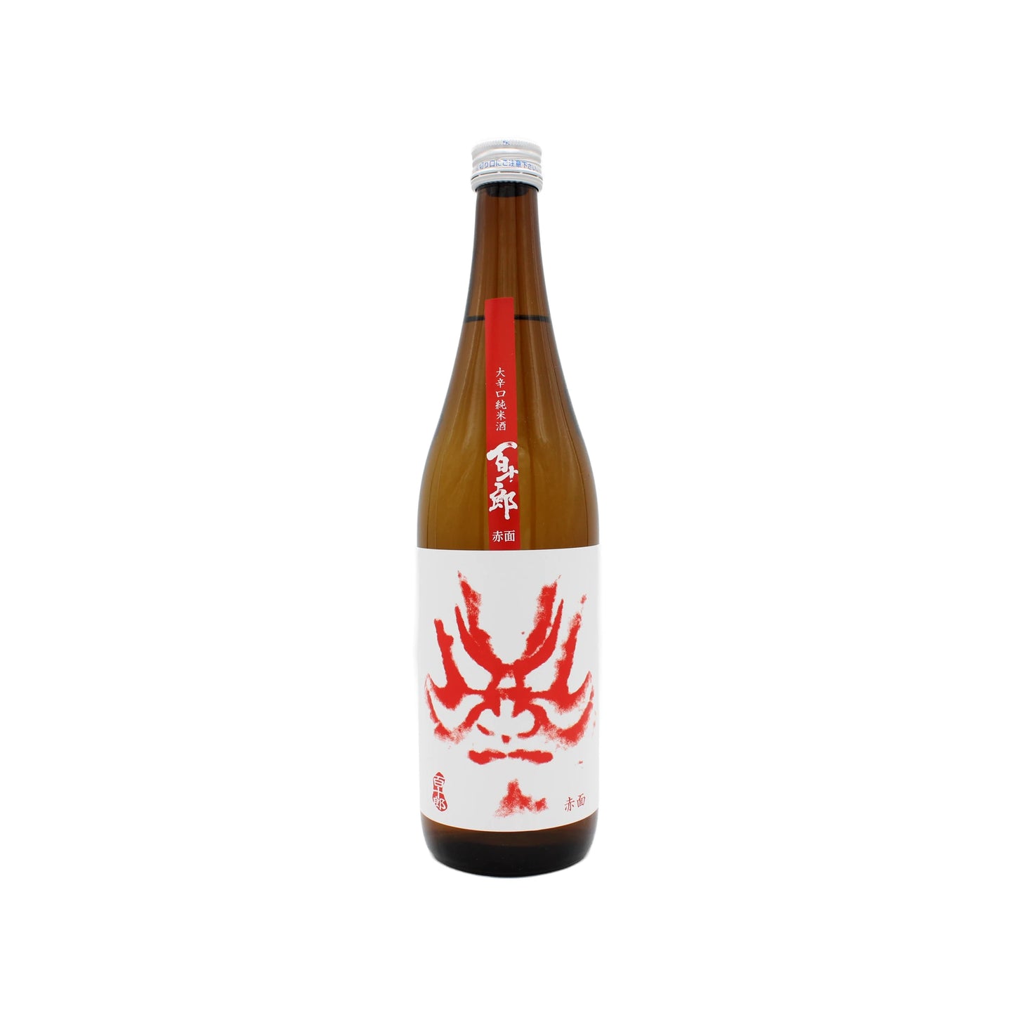 A brown glass bottle of Hyakujuro Red Face Junmai (Karakuchi) sake with a white label featuring a red crab illustration and Japanese text, offering smooth sake with subtle rice flavors.