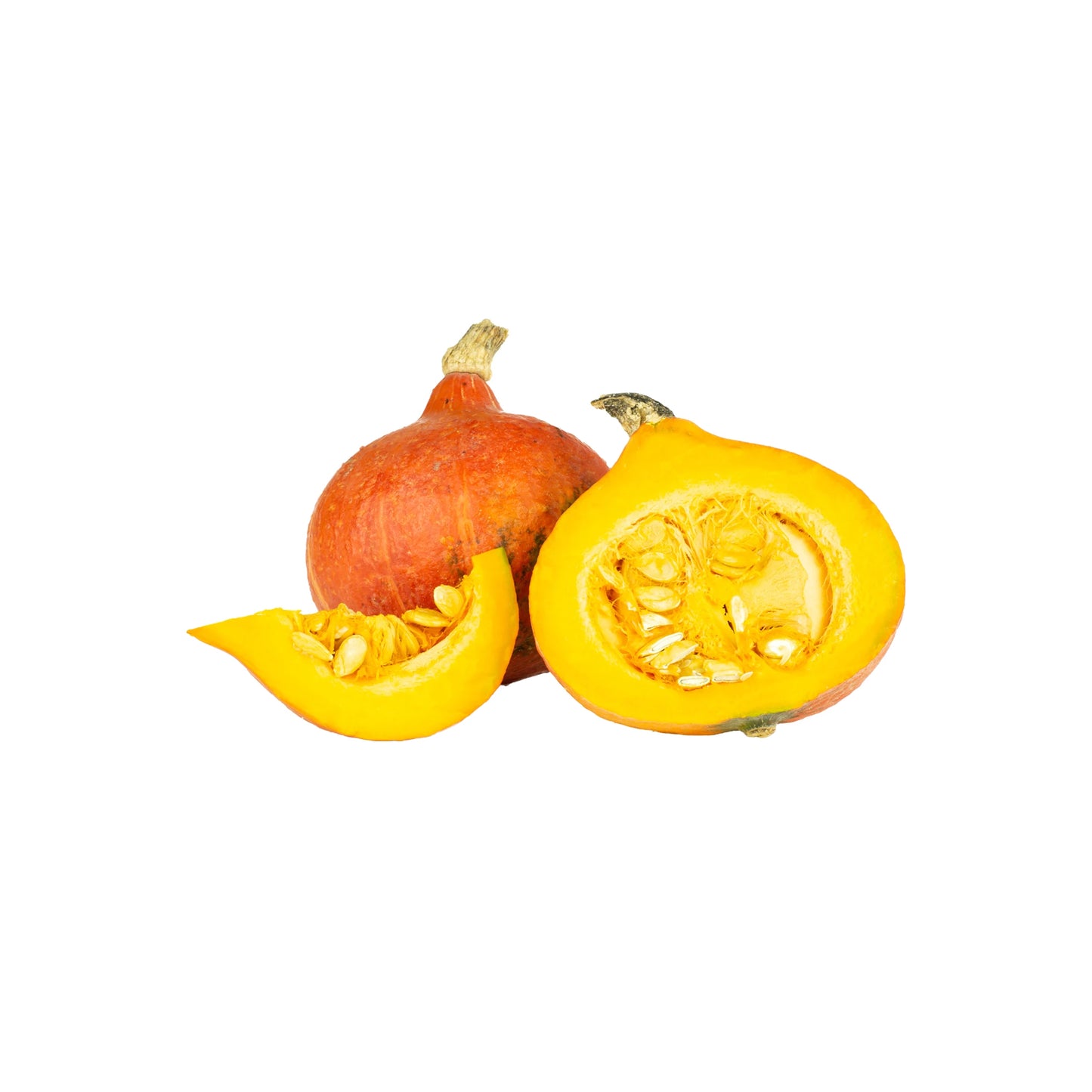 Red Hokkaido Japanese Pumpkin Plants x 2, shown whole with one half and a wedge exposing their vibrant orange flesh and seeds on a white background.