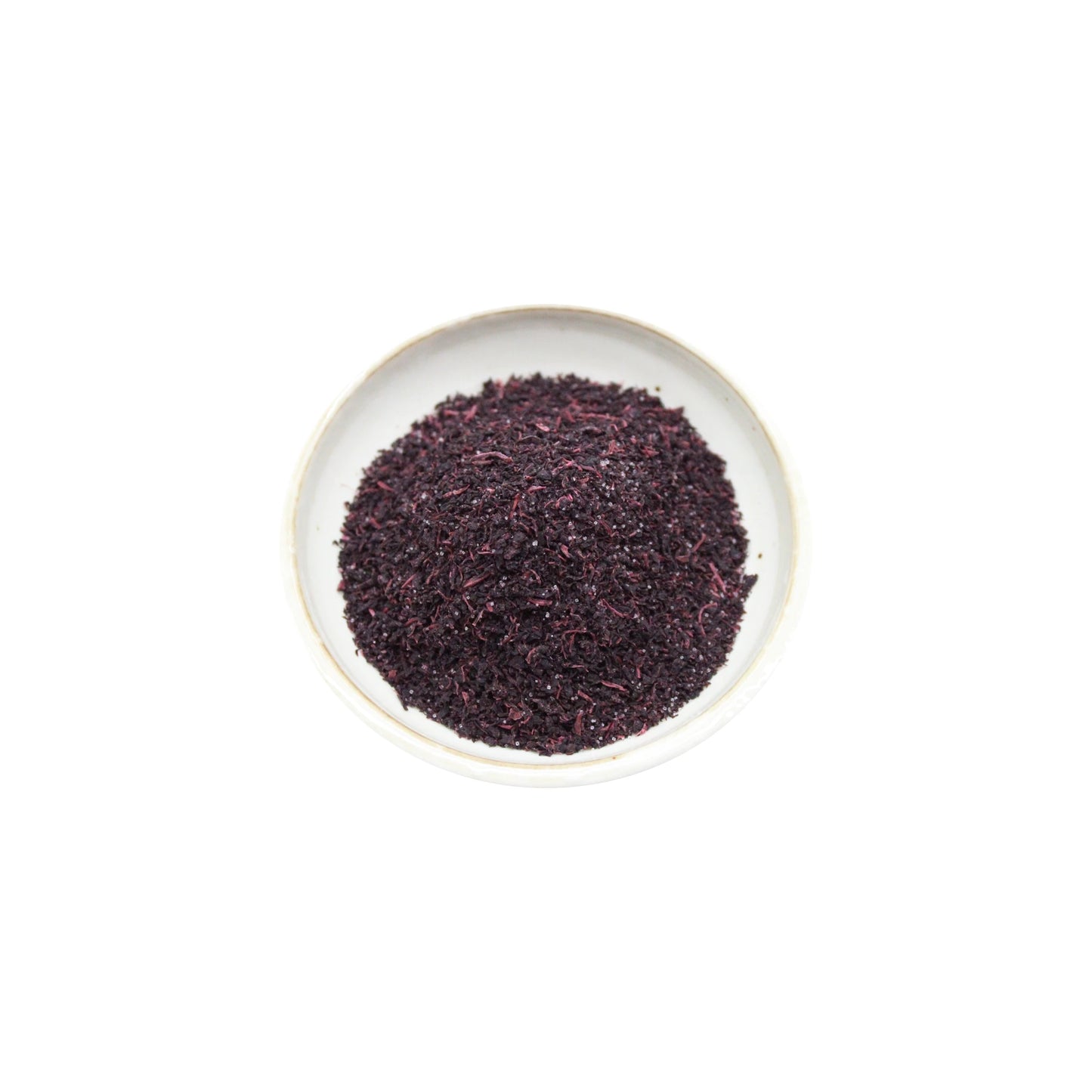 A small white bowl filled with Red Shiso Furikake Tanaka - 22g, a finely ground dark purple-red seasoning essential to Japanese cuisine, photographed on a plain white background.