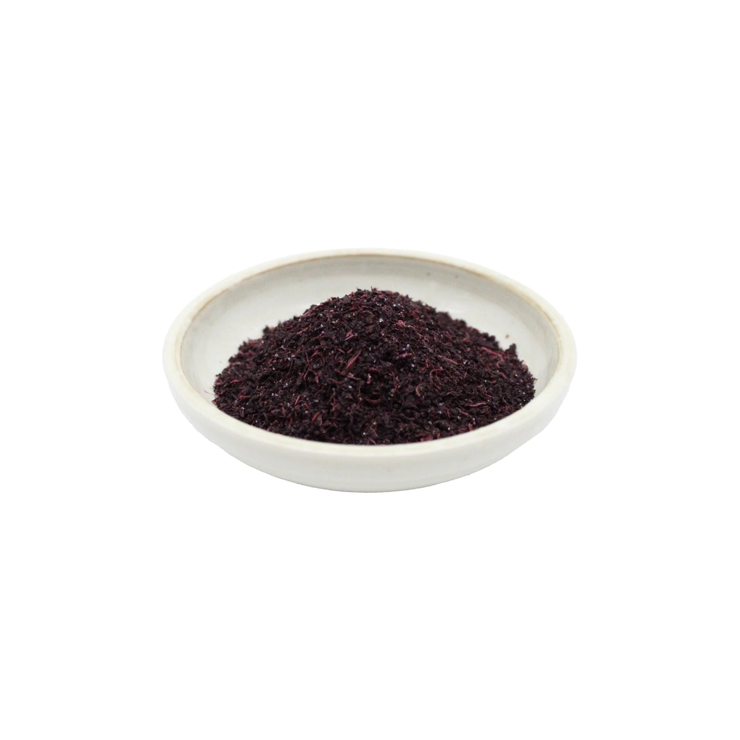 A small white bowl filled with a pile of Tanaka Red Shiso Furikake, a finely ground, dark purple seasoning (22g) often used in Japanese cuisine, on a white background.