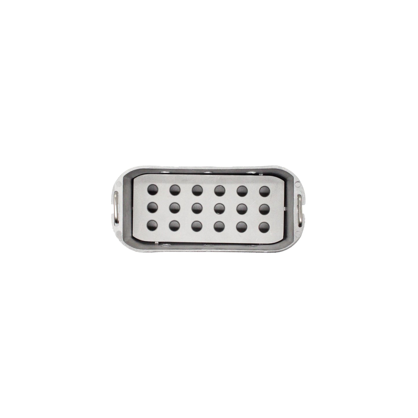 Close-up of a metal electrical connector with 15 round pin holes in three rows, echoing the detailed design featured in the Replacement Charcoal Chamber for 24cm Aluminium Konro used in Japanese-style barbecue.