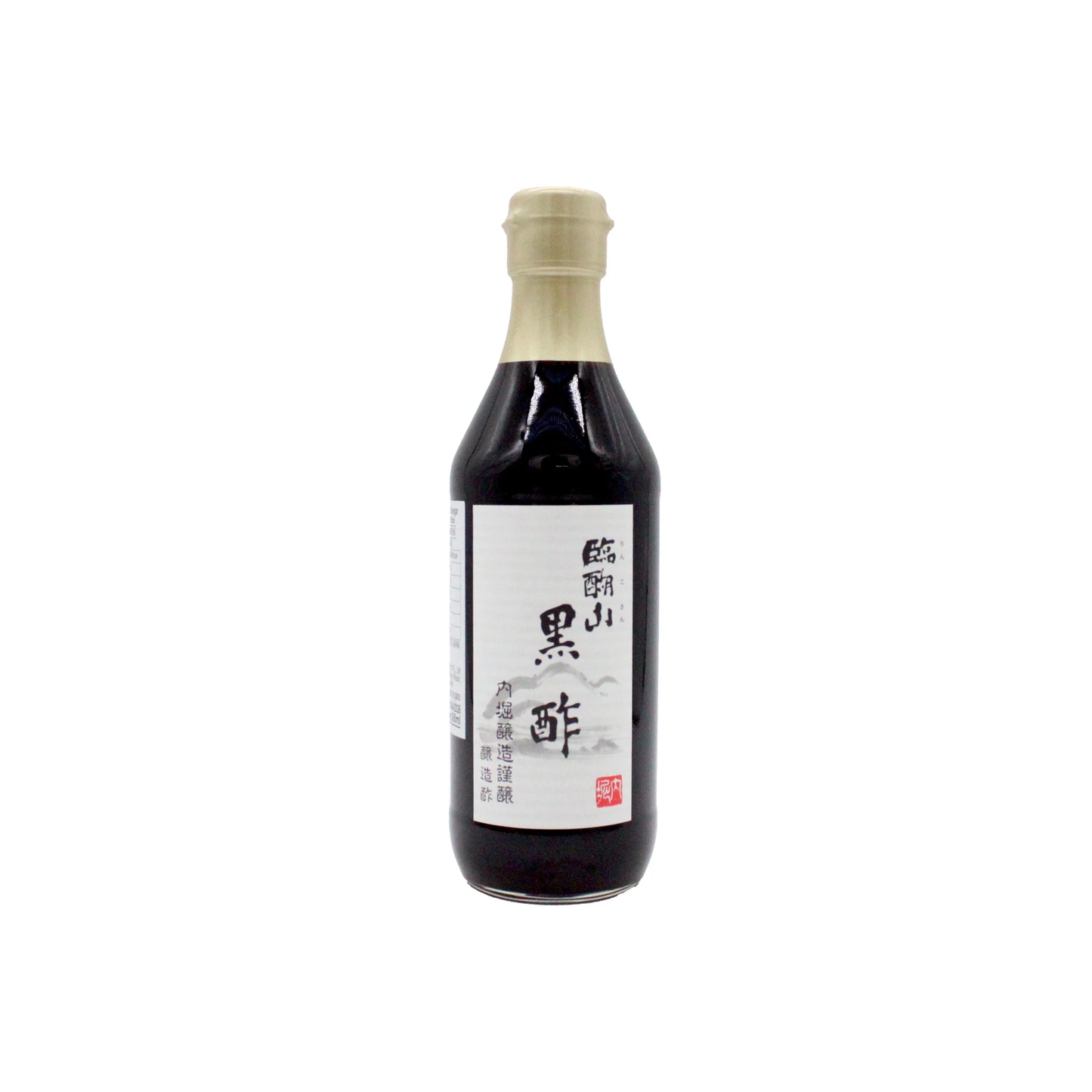 A 360ml bottle of Rinkosan Black Vinegar with a white label bearing Japanese text and a beige cap, set against a plain white background—celebrated for its rich flavor and health benefits.