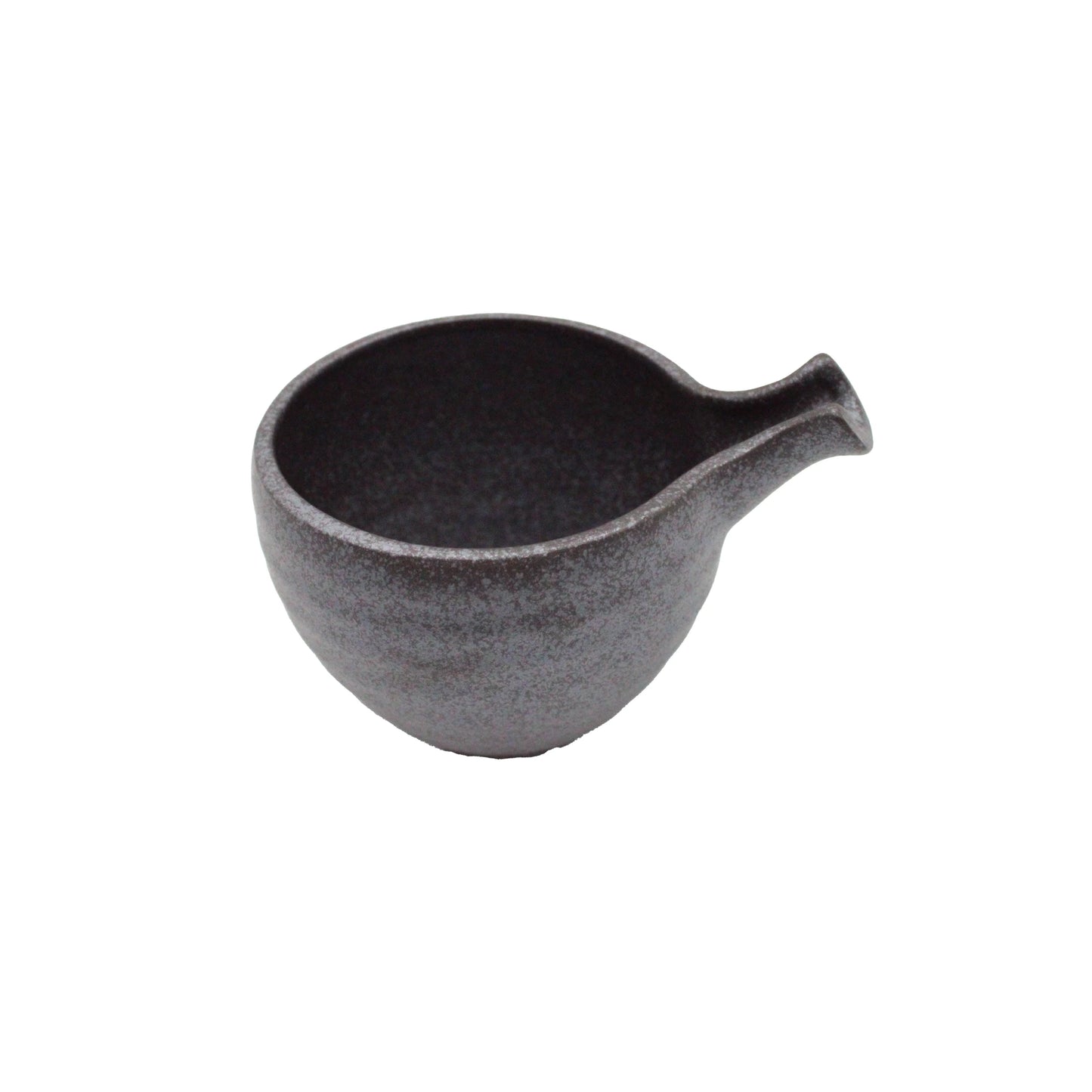 A small, round, black Minoyaki Tetsu Sake Carafe with a single spout is photographed against a white background.