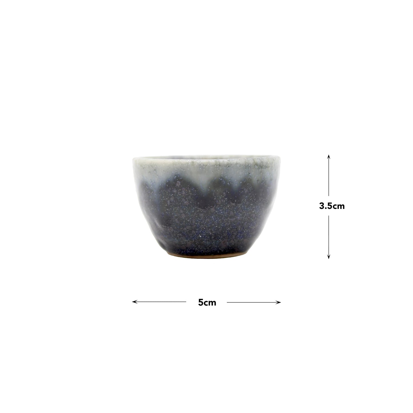The Sake Cup - Dark Blue Glaze with Grey Drip is a small Minoyaki porcelain cup by Ichi kiln, featuring a textured dark blue glaze. It measures 5 cm in diameter and 3.5 cm in height and is shown on a white background with measurement lines.