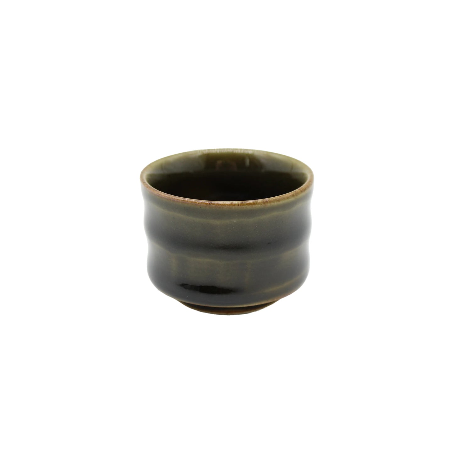 The Sake Cup - Oribe Green is a small, dark green Minoyaki porcelain cup with a gently wavy, rounded shape, capturing the classic o-choko style against a plain white background.
