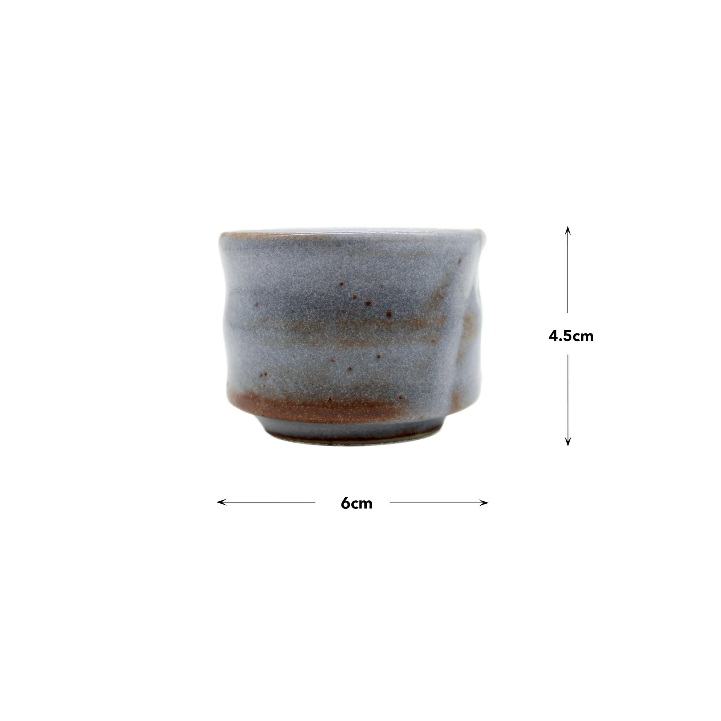The Sake Cup - White Cloud is a small Minoyaki porcelain cup with a gray and brown glaze, crafted at the Gura kiln. Measuring 6 cm wide by 4.5 cm tall, it showcases fine Japanese craftsmanship.