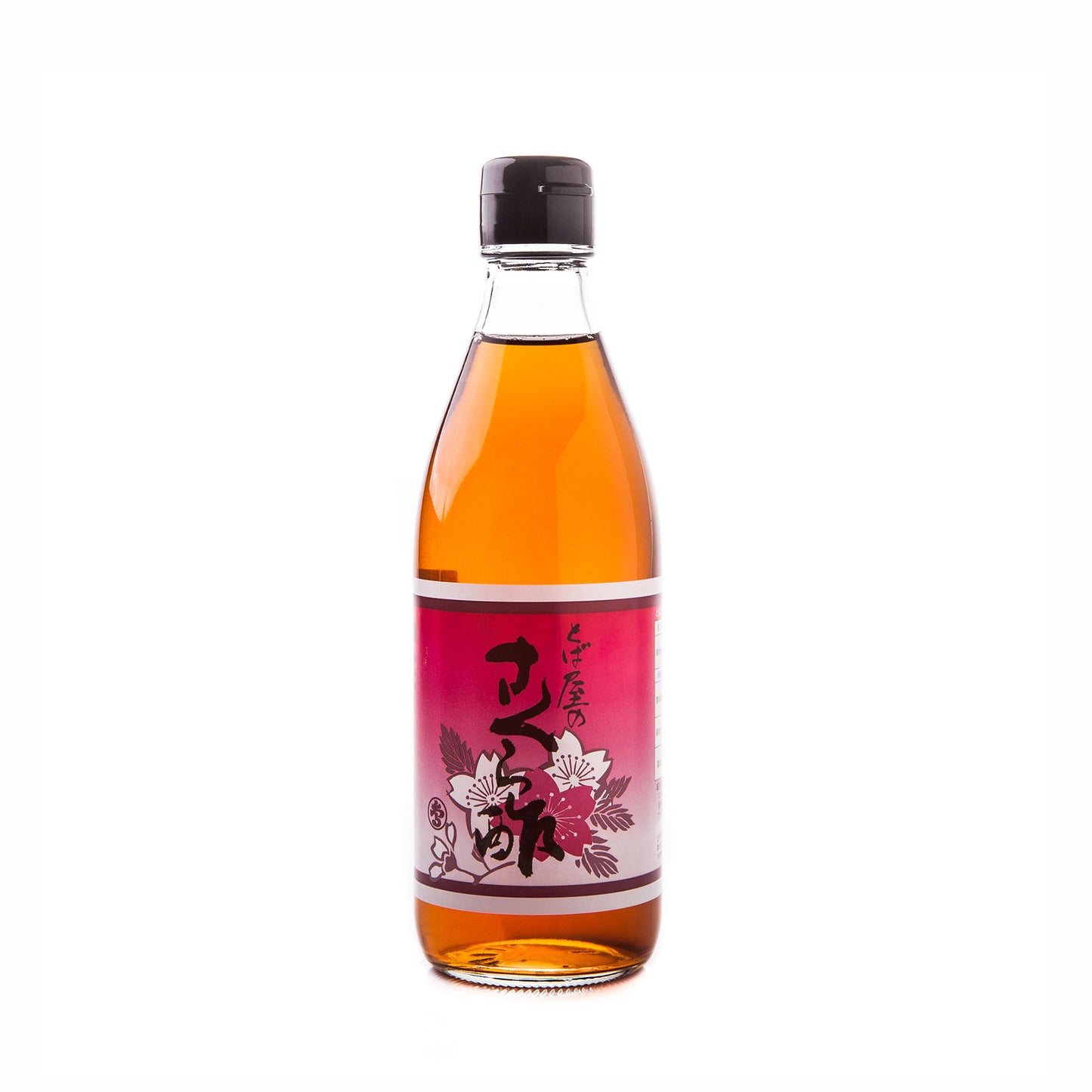 A clear bottle of Sakura Rice Vinegar with Cherry Blossom, filled with amber vinegar, features a red label with Japanese text and cherry blossom designs, and is sealed with a black cap.