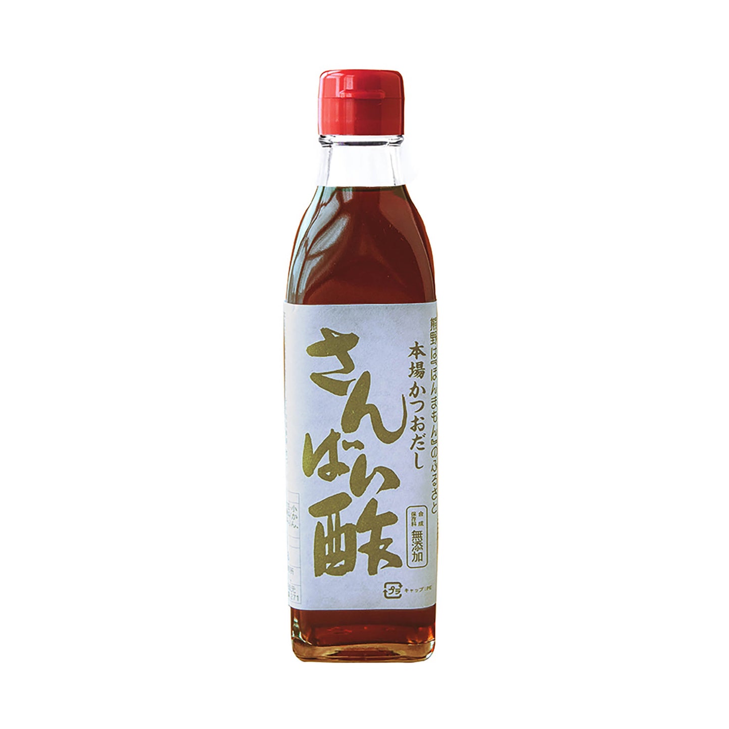 A clear bottle of Sanbaizu, Bonito Rice Vinegar, has a red cap, white label with Japanese text, and is filled with dark brown liquid rich in rice vinegar and umami flavor.