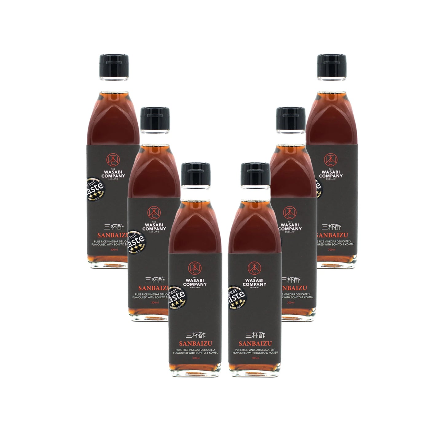 Six bottles of Sanbaizu - 300ml are arranged in a triangular formation on a white background.