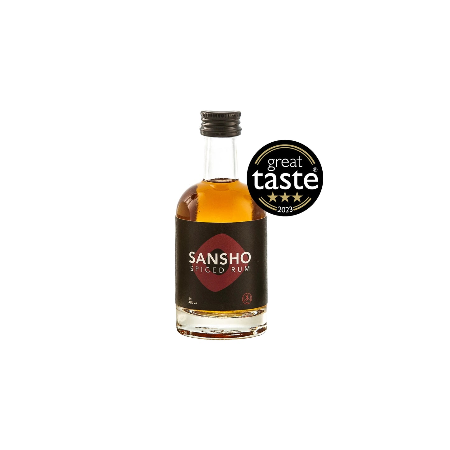 A 5cl bottle of Sansho Spiced Rum, infused with distinctive Japanese flavors and adorned with a black and red label, is displayed next to a “Great Taste 2023” award badge.