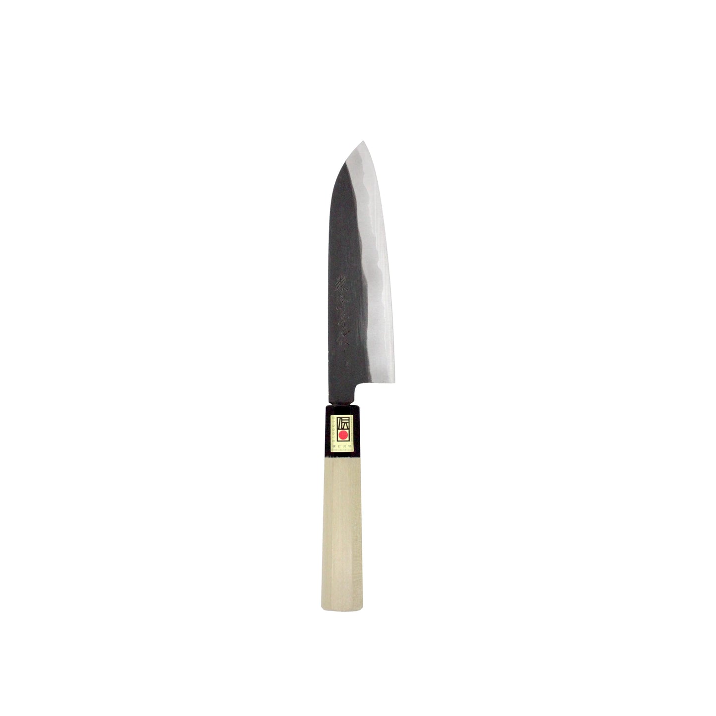 The Santoku Multi-Purpose Knife Black Forged 180mm features a double-bevel edge, a dark blade, and a light wood handle, and is displayed against a white background.