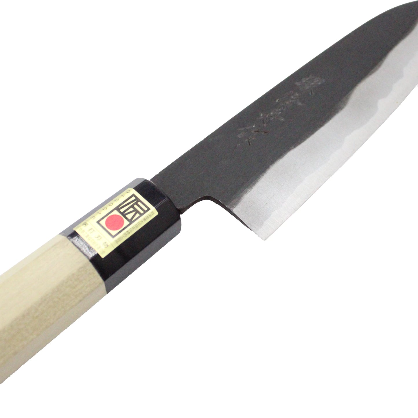 The Santoku Multi-Purpose Knife Black Forged 180mm features a sharp double-bevel edge, sleek black forged design, and Japanese character engraving on the blade.