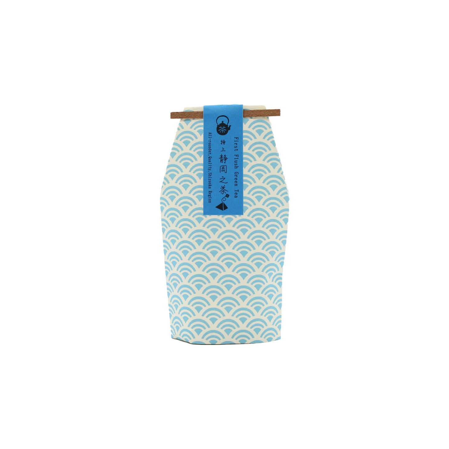 A blue and white patterned package of Sencha First Flush Green Tea (7 bags, 21g) with a blue vertical label stands upright on a white background.