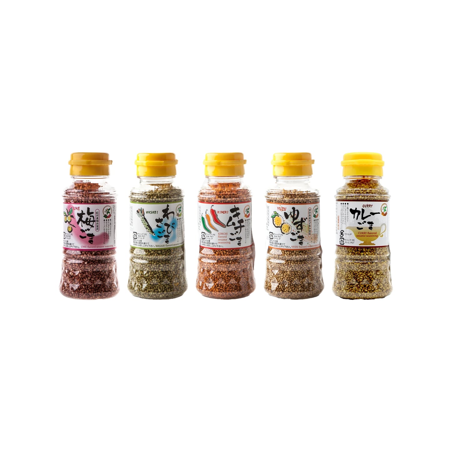 The Sesame Seeds 5 Flavours Set features five clear bottles with yellow caps, each filled with flavoured roasted sesame seeds. Japanese labels and colorful graphics make this set vibrant and perfect for gifting.