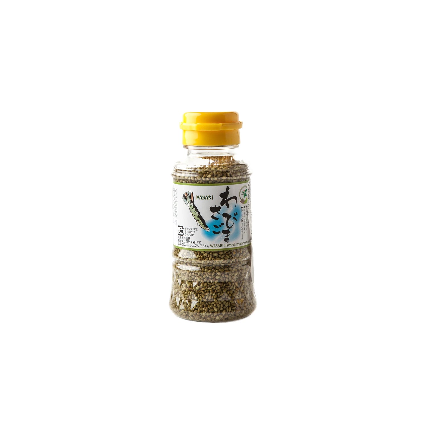 A clear plastic bottle with a yellow cap holds Sesame Seeds with Wasabi, labeled in Japanese and English—ideal for adding a spicy kick to salads or sprinkling over yogurt dip.