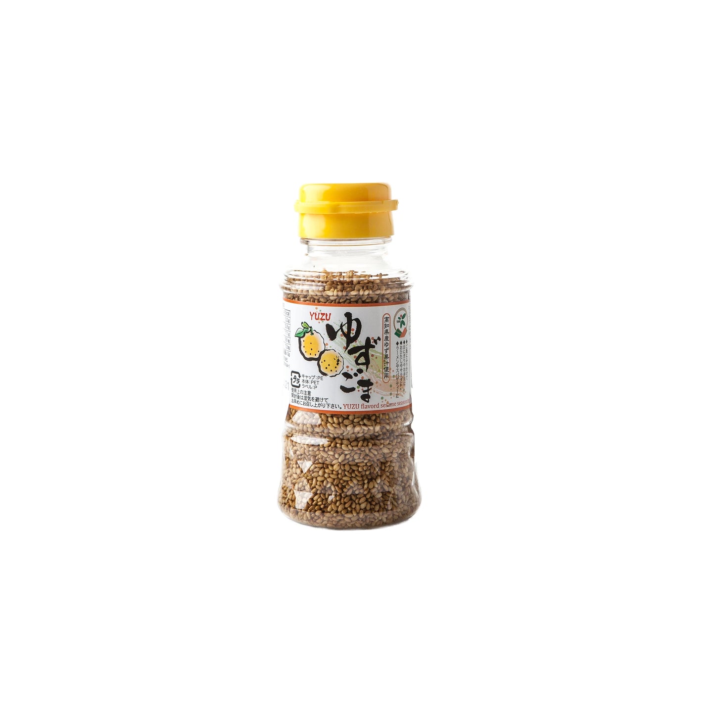 Sesame Seeds with Yuzu come in a clear plastic bottle with a yellow cap, featuring a Japanese label decorated with images of yuzu citrus and sesame seeds.