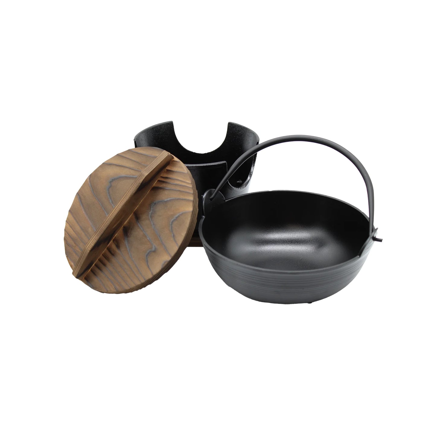 The Shabu Shabu Pot - 17cm features black cast iron, a curved handle, a wooden lid, and a separate base—ideal for Japanese hot pot or Shabu Shabu—shown against a white background.