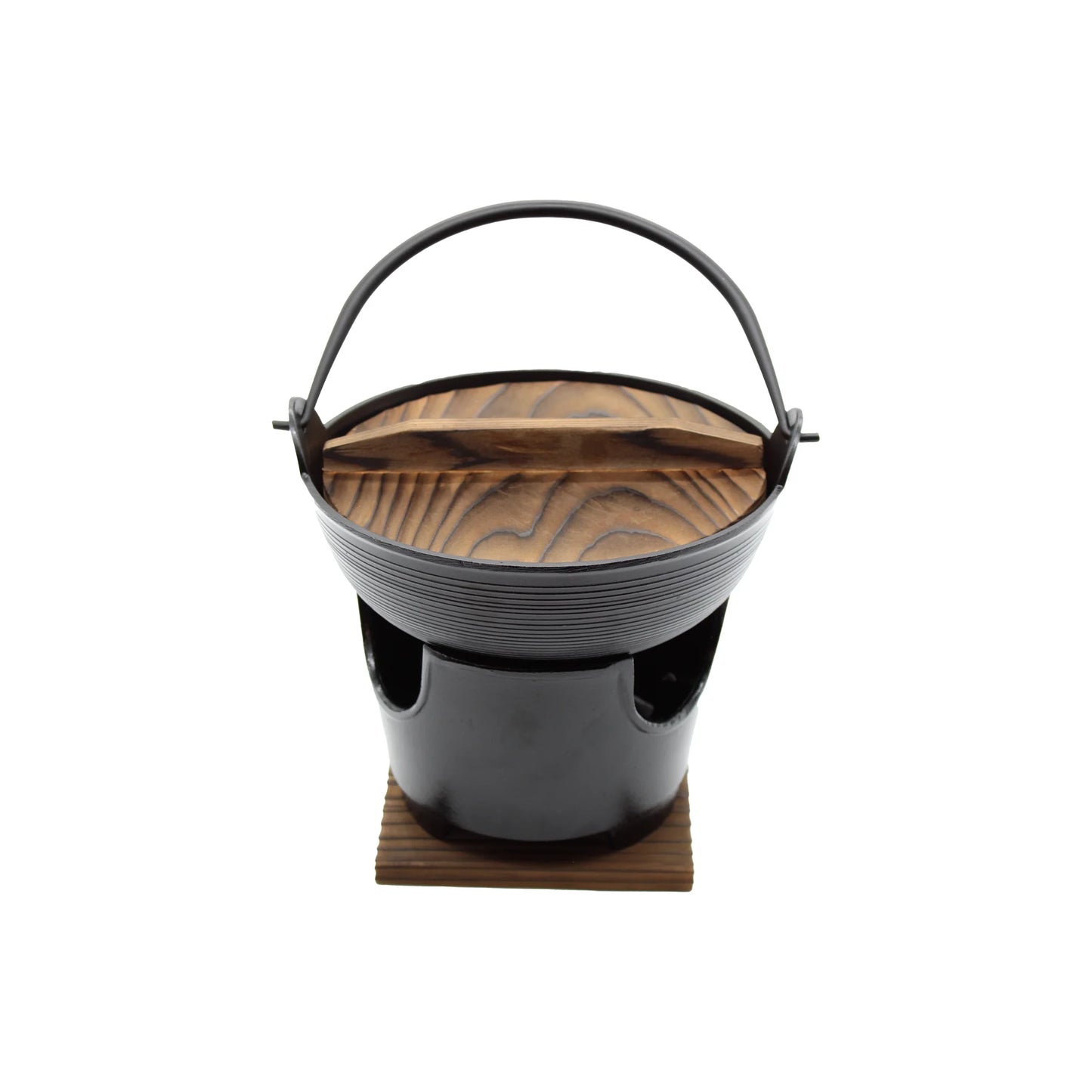 The Shabu Shabu Pot - 17cm is a small black pot with a wooden lid and handle, ideal for Japanese hot pot or serving dashi broth. It sits on a square wooden base, shown against a white background.