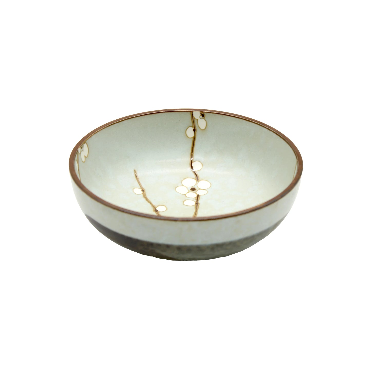 The Shallow Bowl - Light Green Cherry Blossom features a pale green ceramic finish, a brown rim, and a delicate cherry blossom design inside—an elegant addition to your tableware collection.