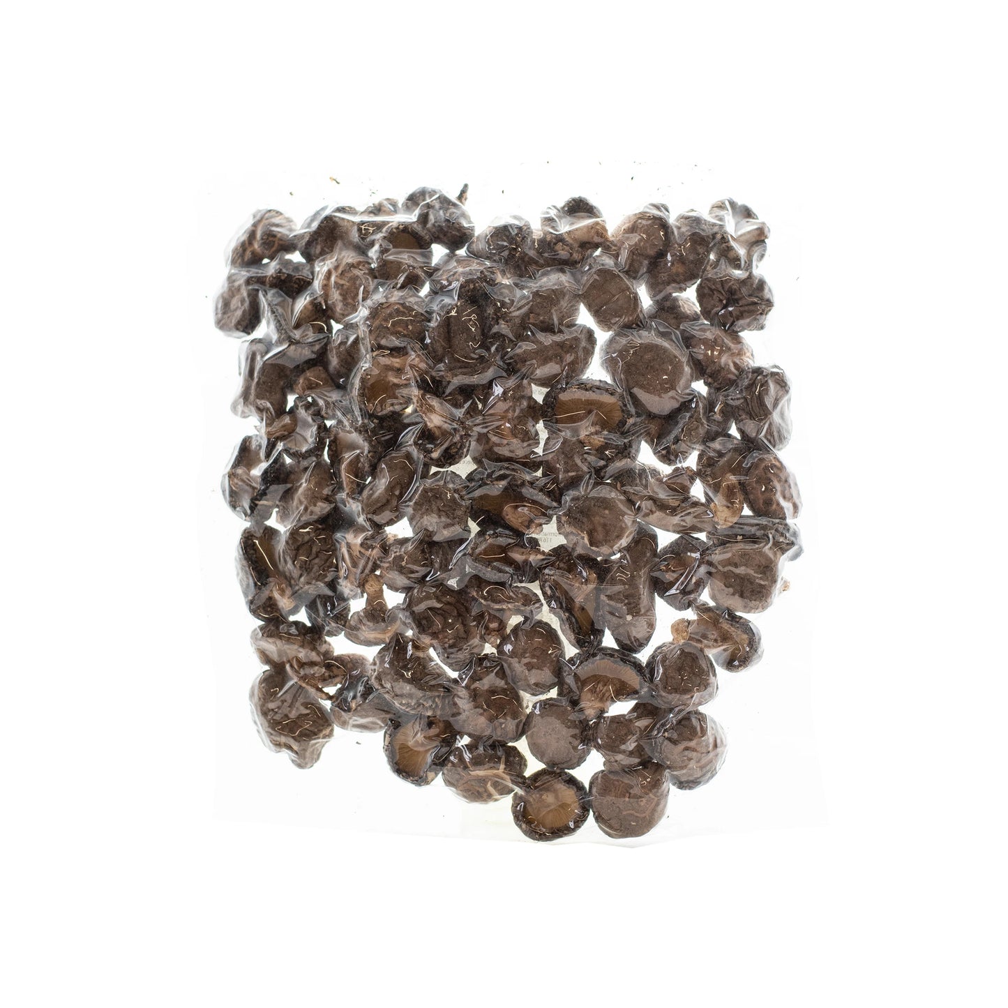 A transparent plastic bag containing many individually wrapped dark brown candies, made with Dried Organic Donko Shiitake Mushrooms (33-42mm) for a unique umami booster flavor.