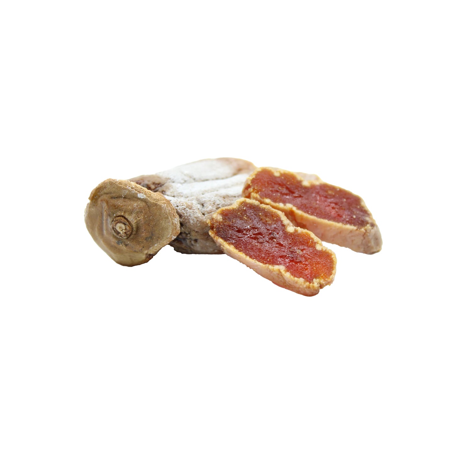 A whole Shimane Dried Saijo Persimmon, a traditional Japanese delicacy, with a portion sliced to show its orange interior, set against a white background.