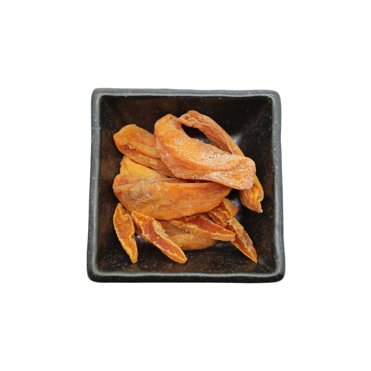 A black square dish with several pieces of Shimane Dried Saijo Persimmon Slices (50g) on a white background.