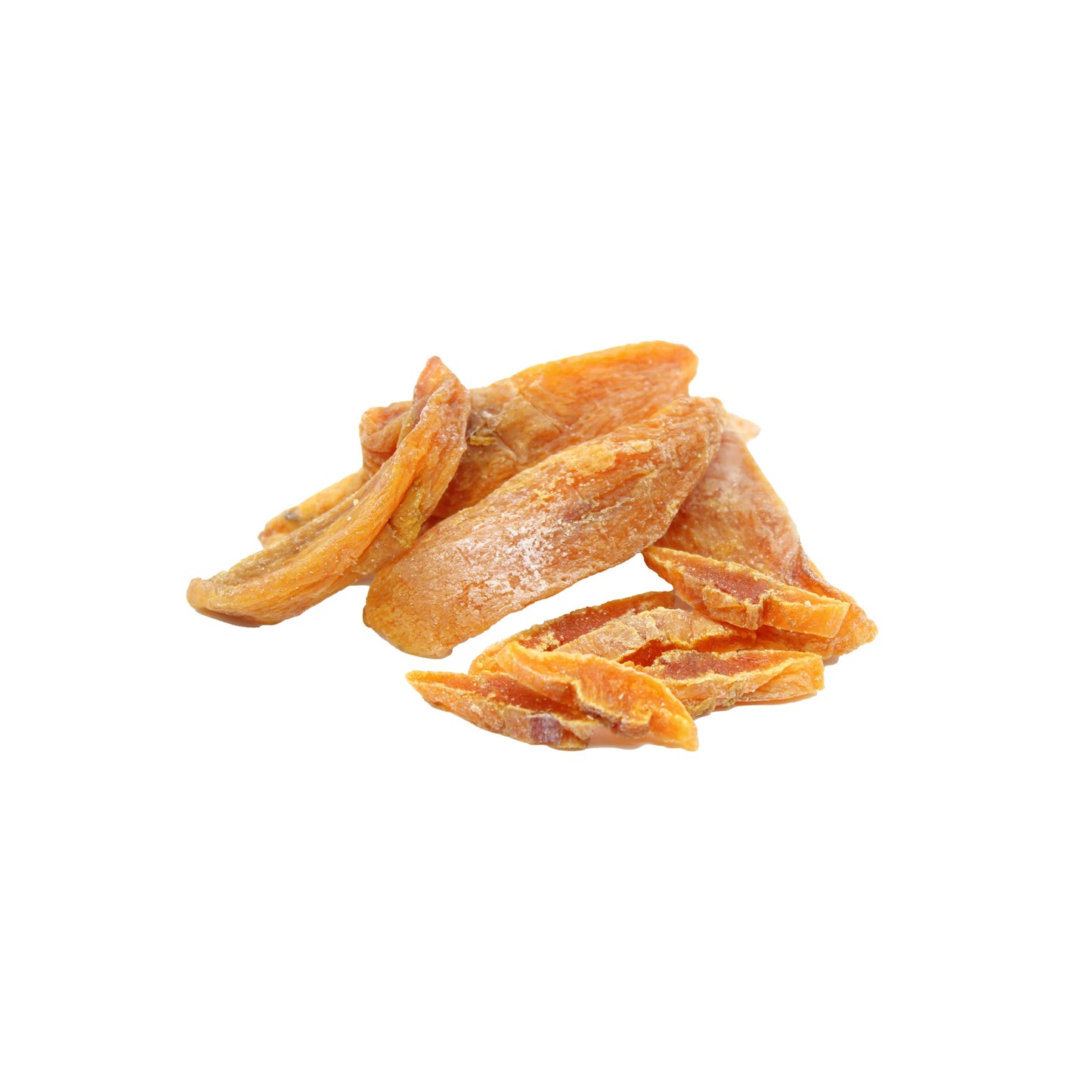 A small pile of Shimane Dried Saijo Persimmon Slices (50g) and dried mango slices on a white background.